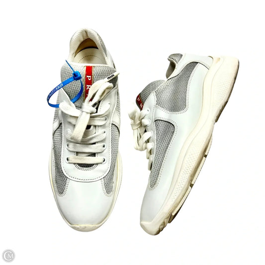 Shoes Luxury Designer By Prada In Grey & White, Size: 8.5