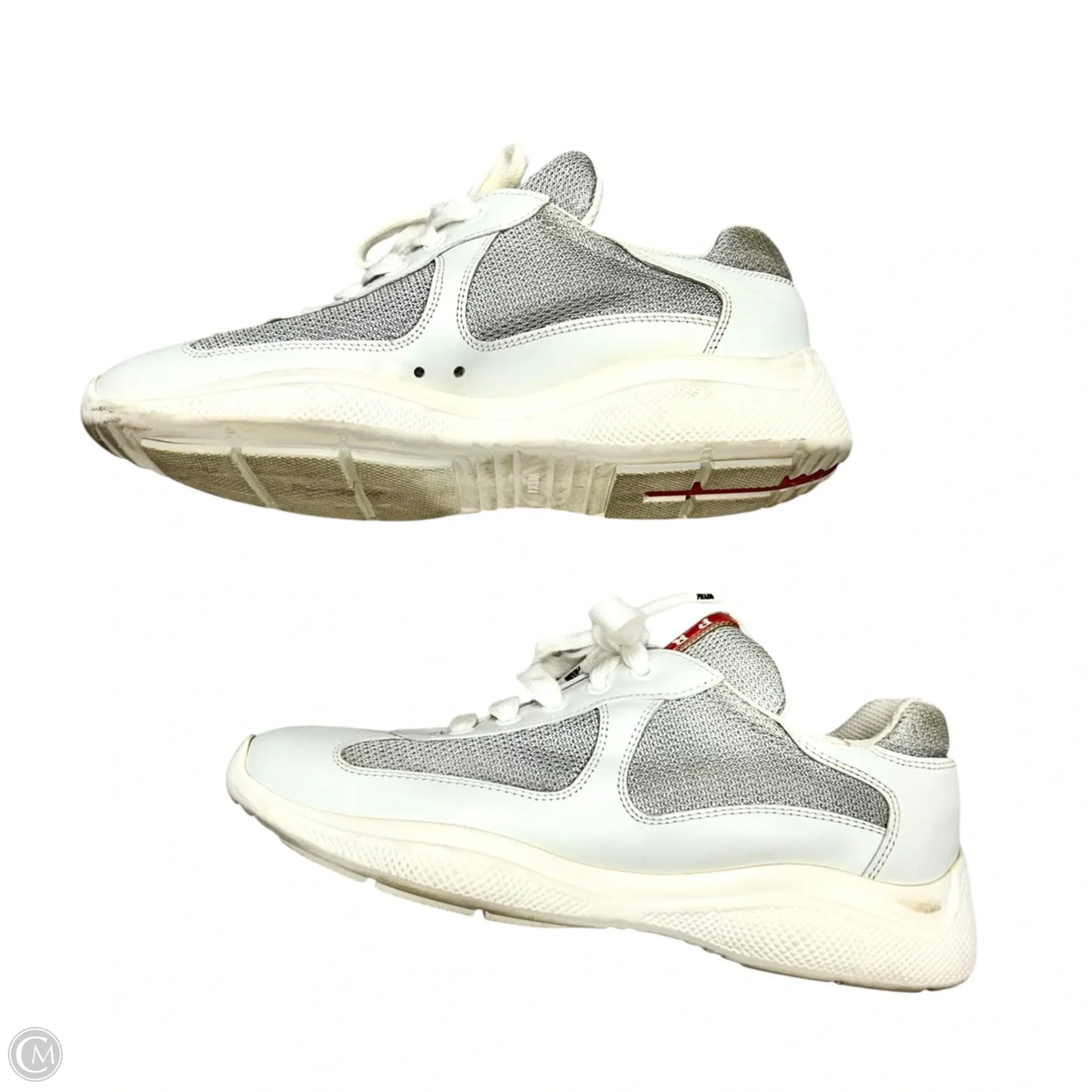 Shoes Luxury Designer By Prada In Grey & White, Size: 8.5