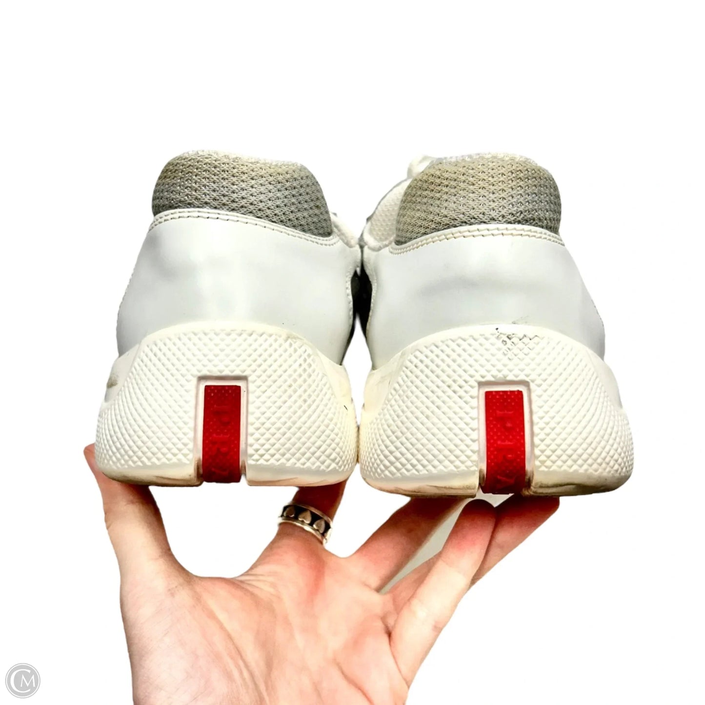 Shoes Luxury Designer By Prada In Grey & White, Size: 8.5