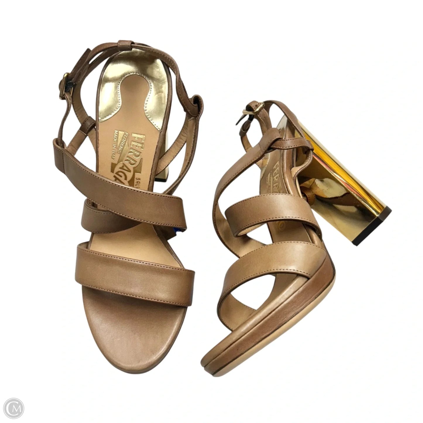 Sandals Luxury Designer By Ferragamo In Brown & Gold, Size: 5.5