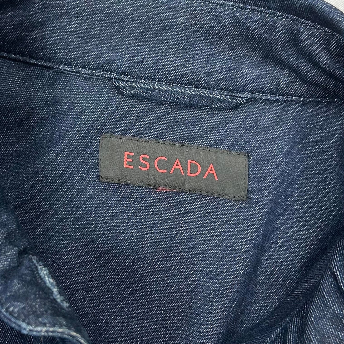 Jacket Designer By Escada In Blue Denim, Size: S