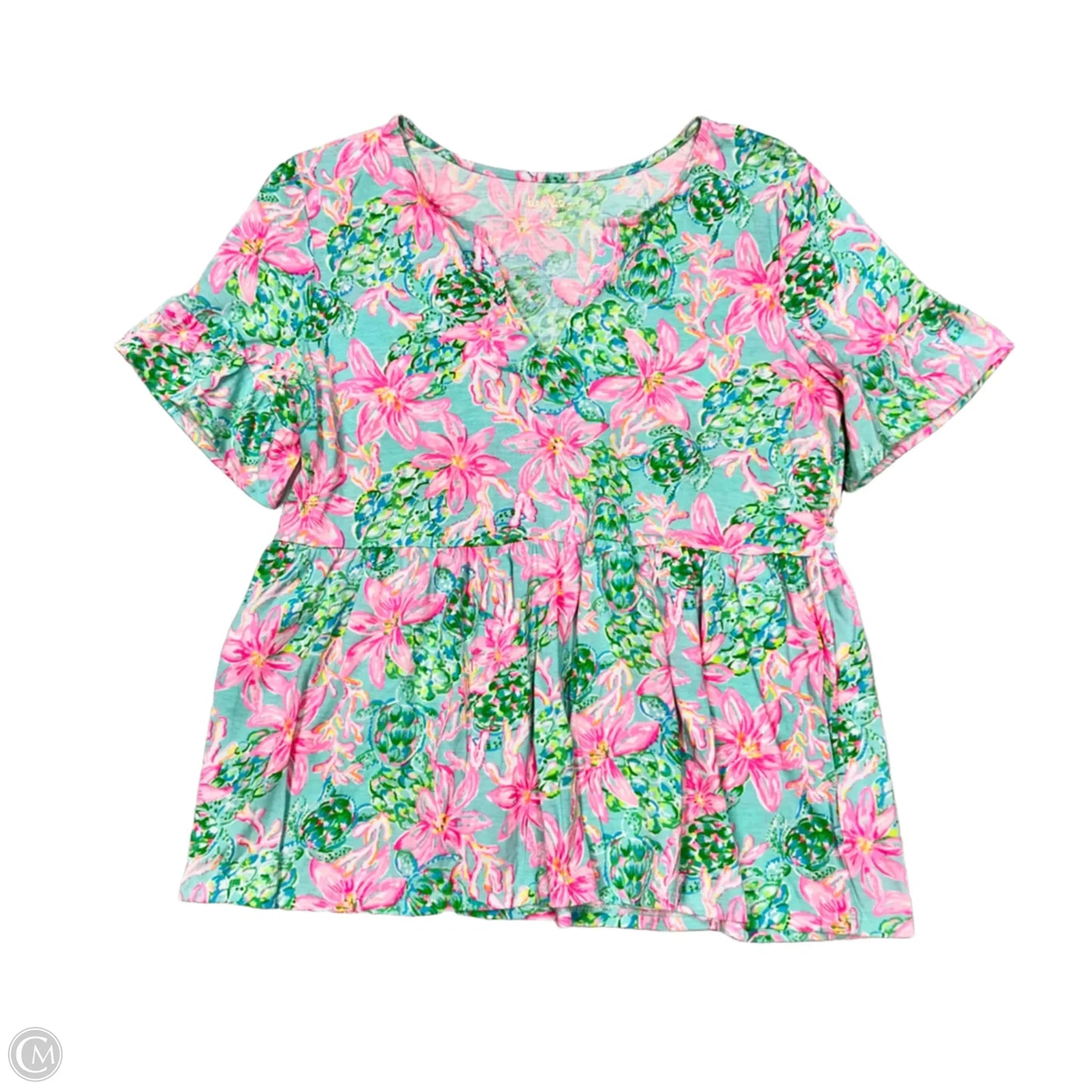 Top Short Sleeve Designer By Lilly Pulitzer In Green & Pink, Size: S