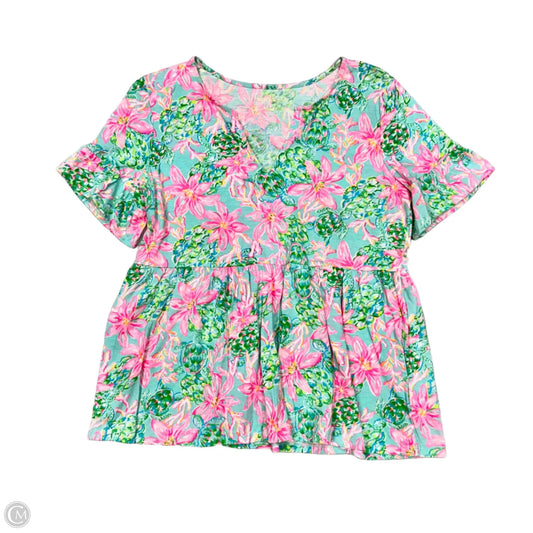 Top Short Sleeve Designer By Lilly Pulitzer In Green & Pink, Size: S