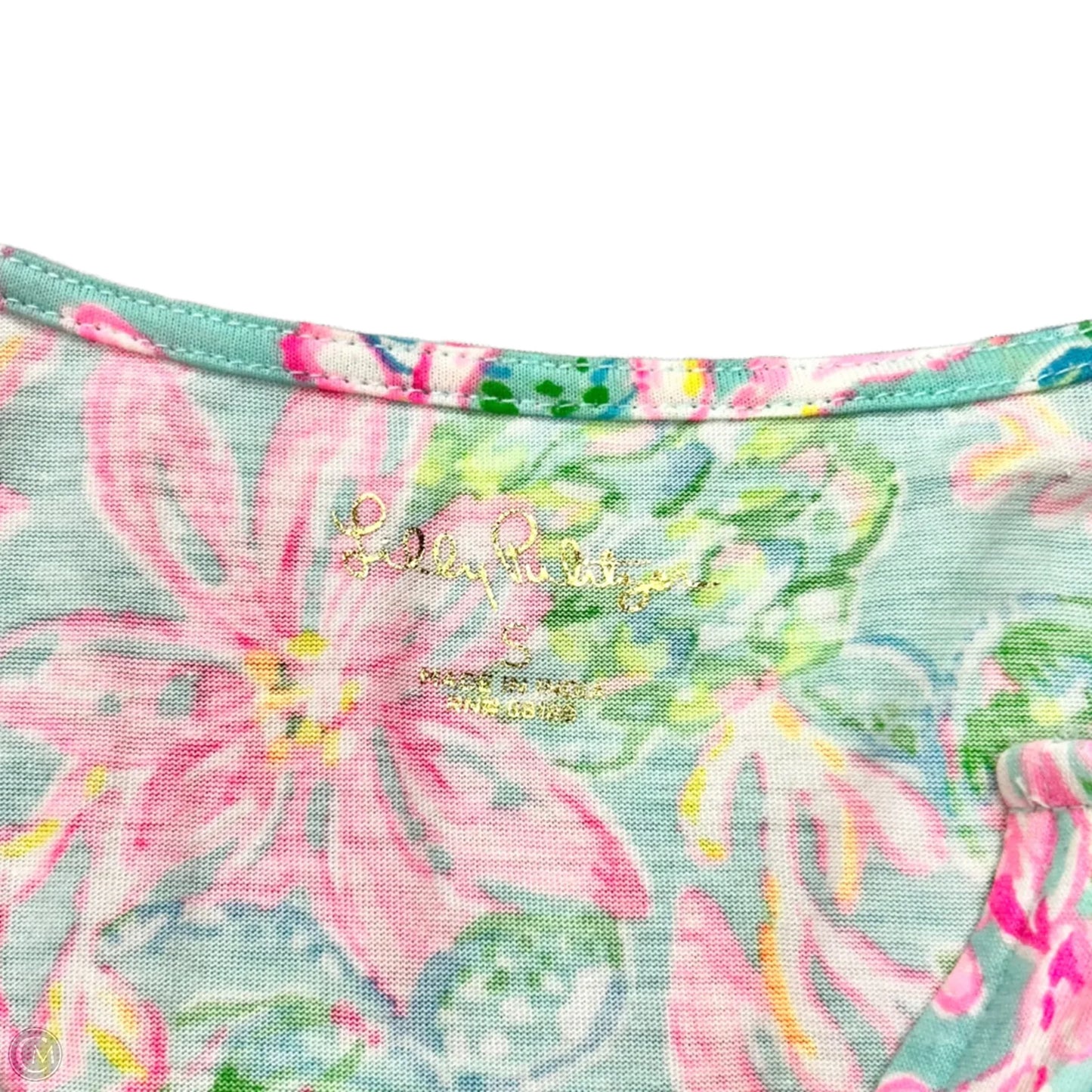 Top Short Sleeve Designer By Lilly Pulitzer In Green & Pink, Size: S