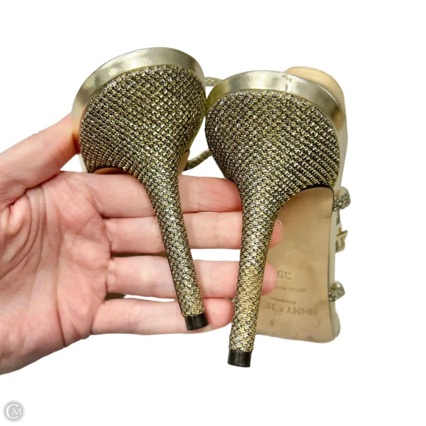 Sandals Luxury Designer By Jimmy Choo In Gold, Size: 9