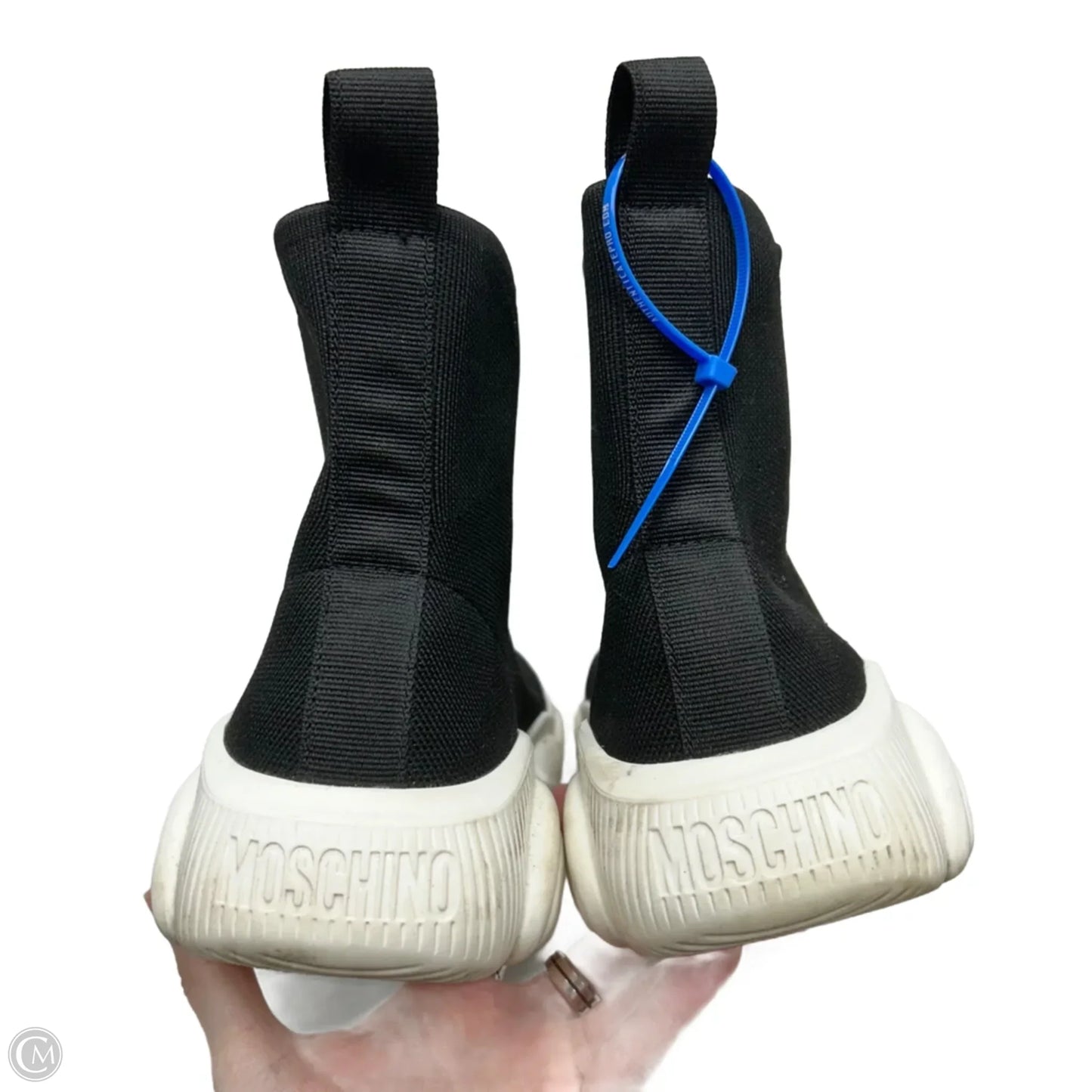 Shoes Luxury Designer By Moschino In Black & White, Size: 9.5