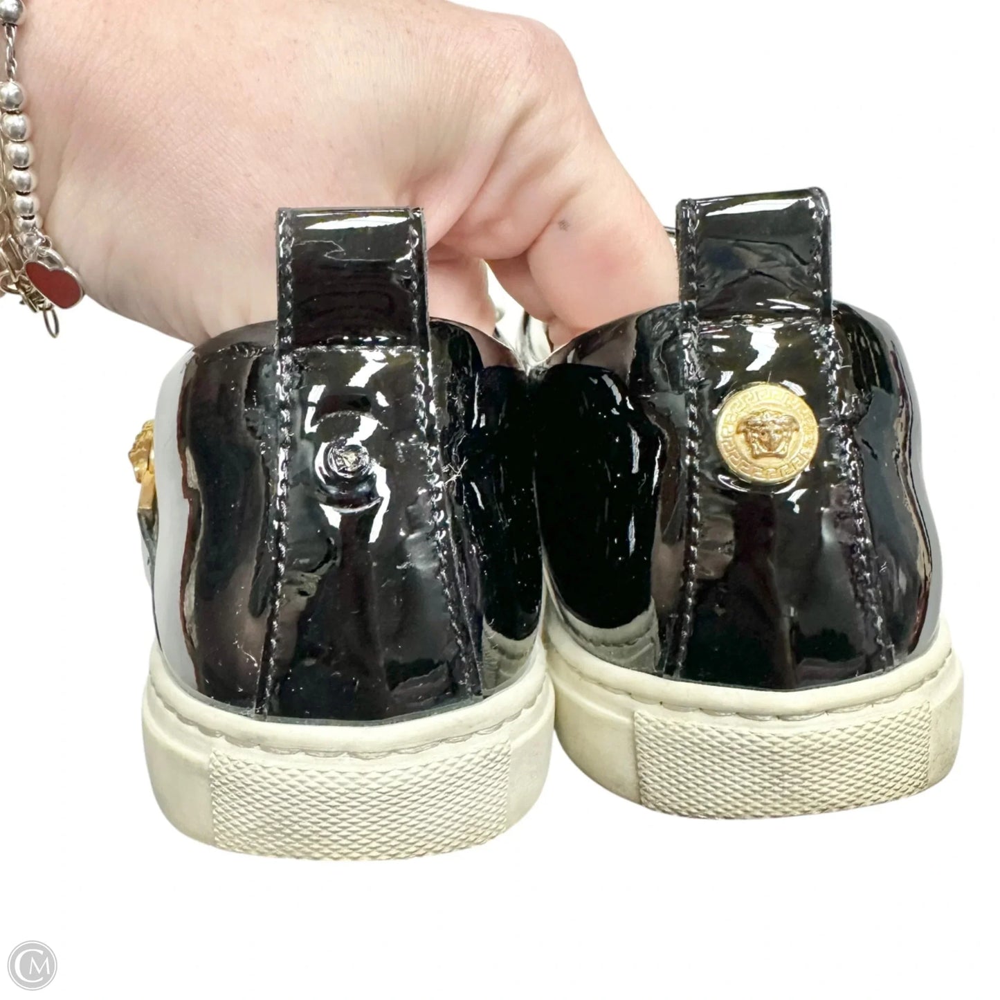 Shoes Luxury Designer By Versace In Black, Size: 5.5
