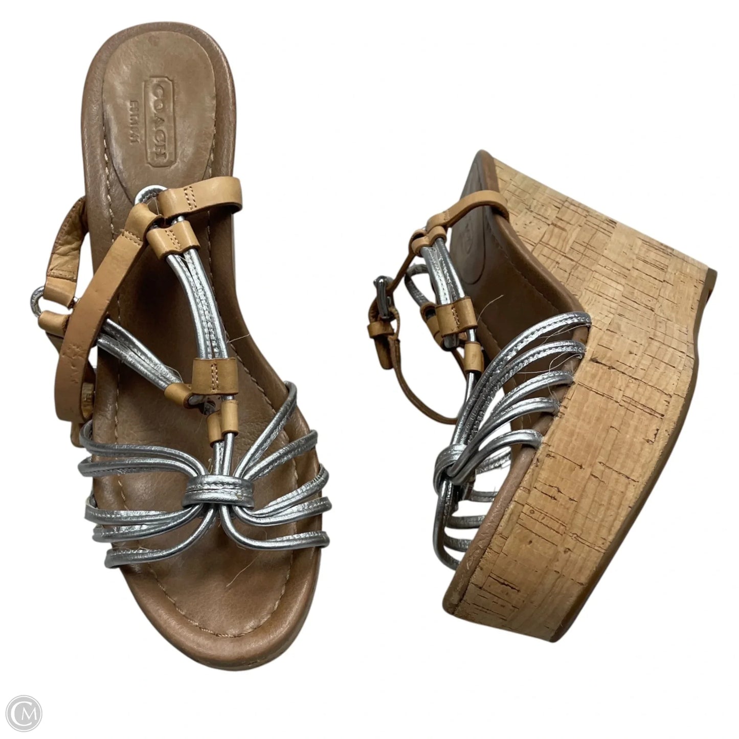 Sandals Designer By Coach In Silver & Tan, Size: 8