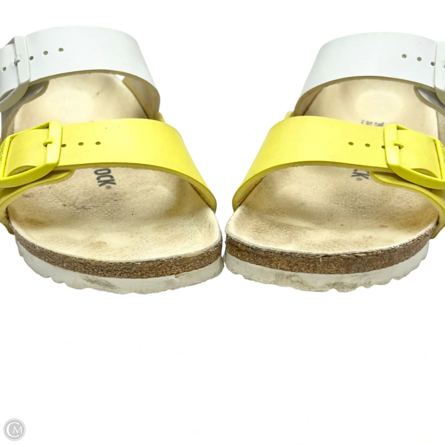 Sandals Flats By Birkenstock In White & Yellow, Size: 8