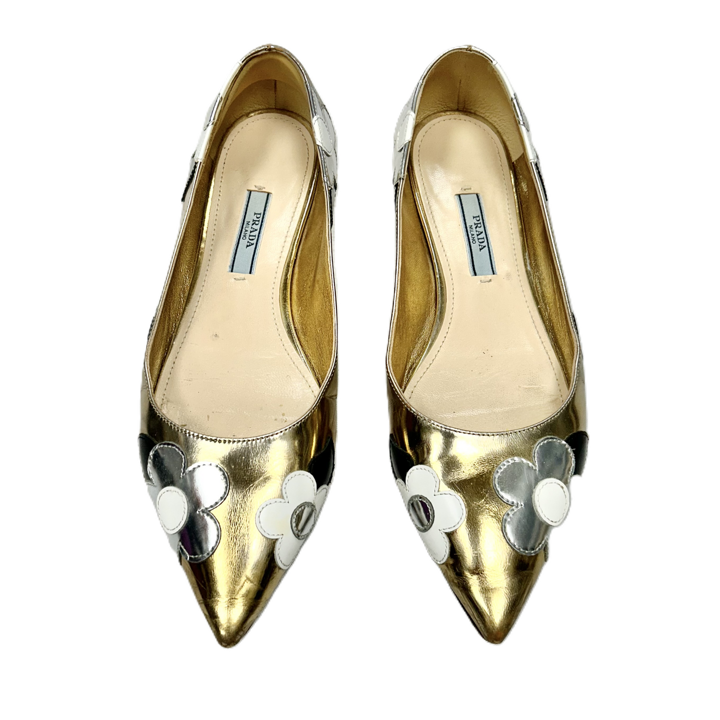 Shoes Luxury Designer By Prada In Gold & Silver, Size: 6.5