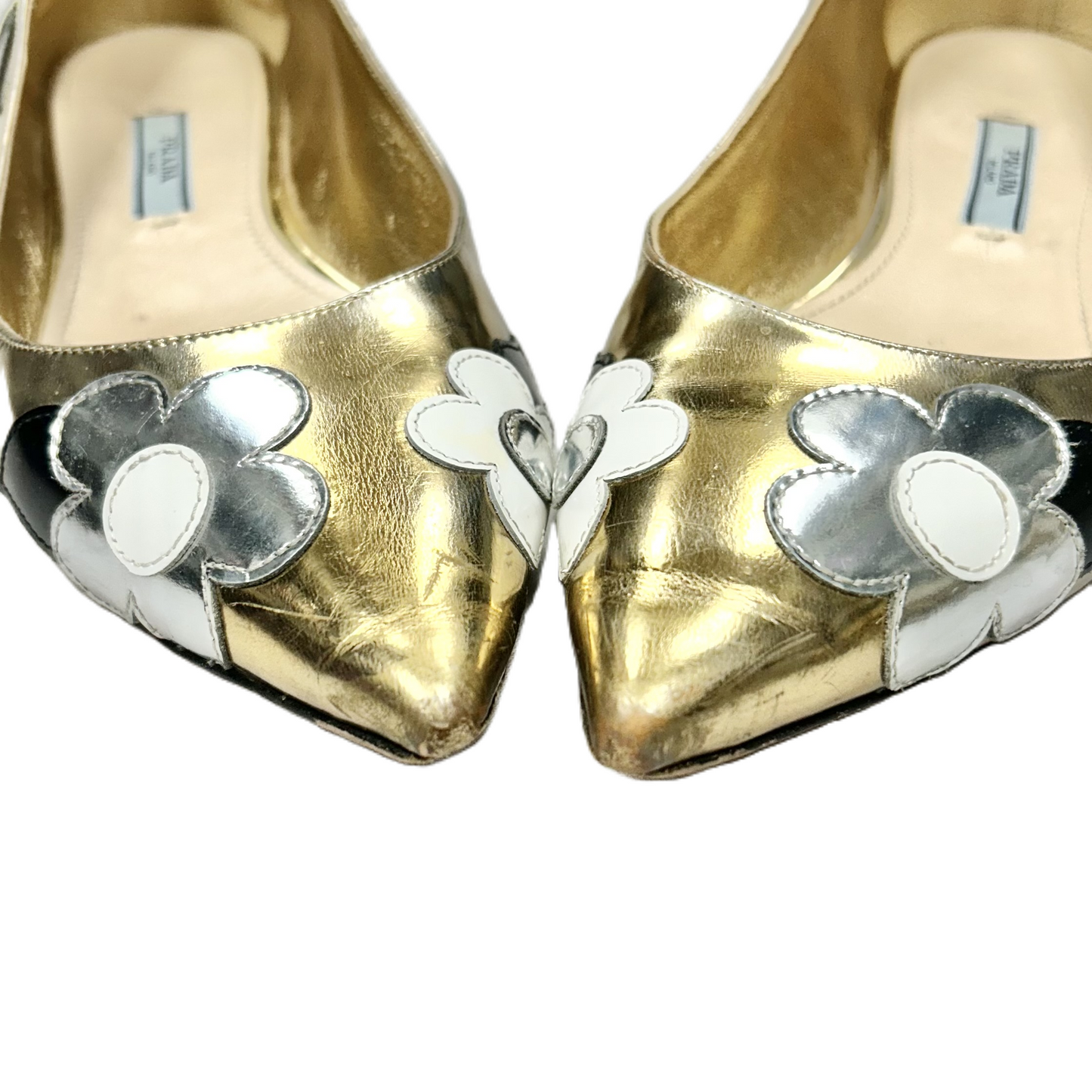 Shoes Luxury Designer By Prada In Gold & Silver, Size: 6.5