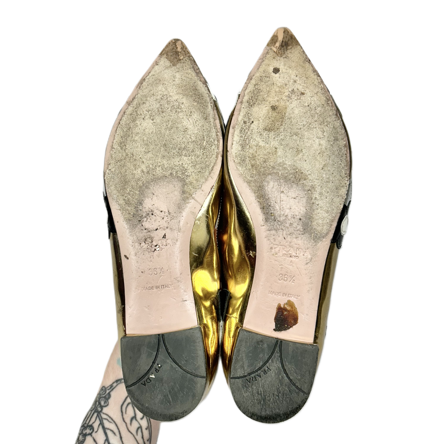 Shoes Luxury Designer By Prada In Gold & Silver, Size: 6.5