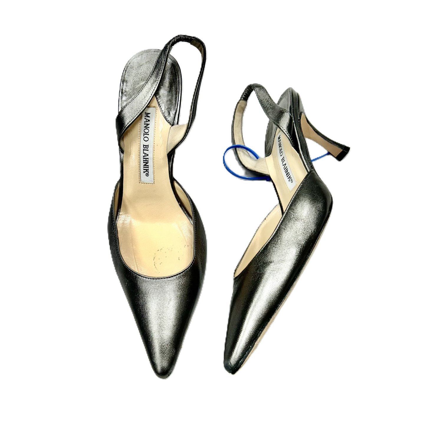 Shoes Luxury Designer By Manolo Blahnik In Silver, Size: 7.5