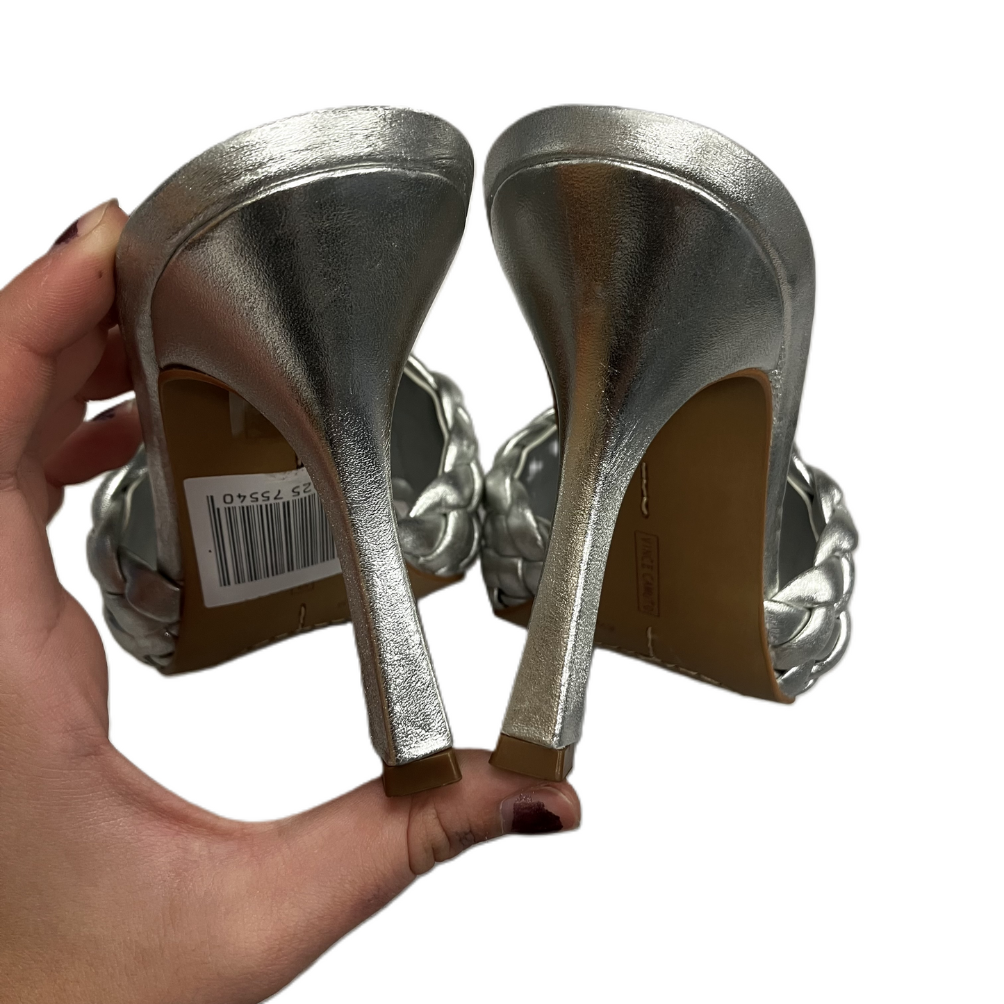 Sandals Heels Stiletto By Vince Camuto In Silver, Size: 8.5