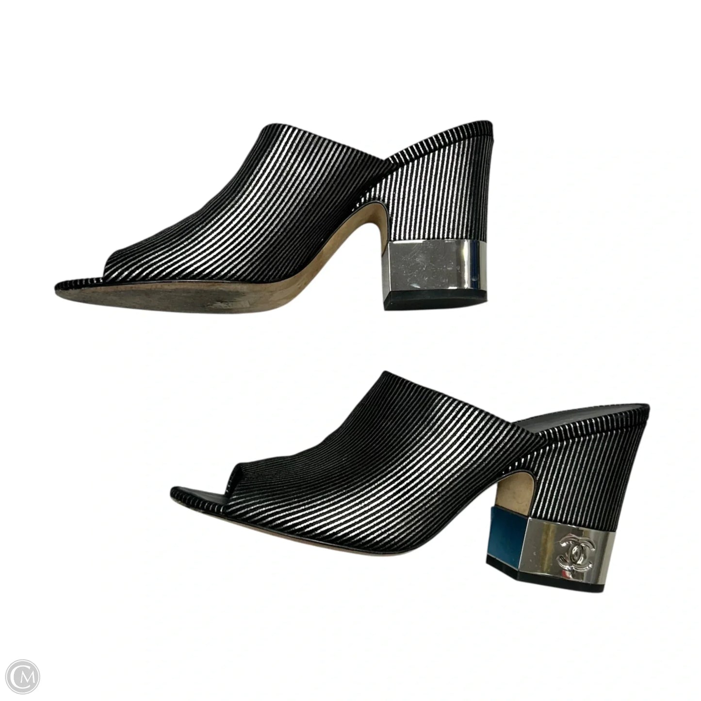 Sandals Luxury Designer By Chanel In Black & Silver, Size: 10