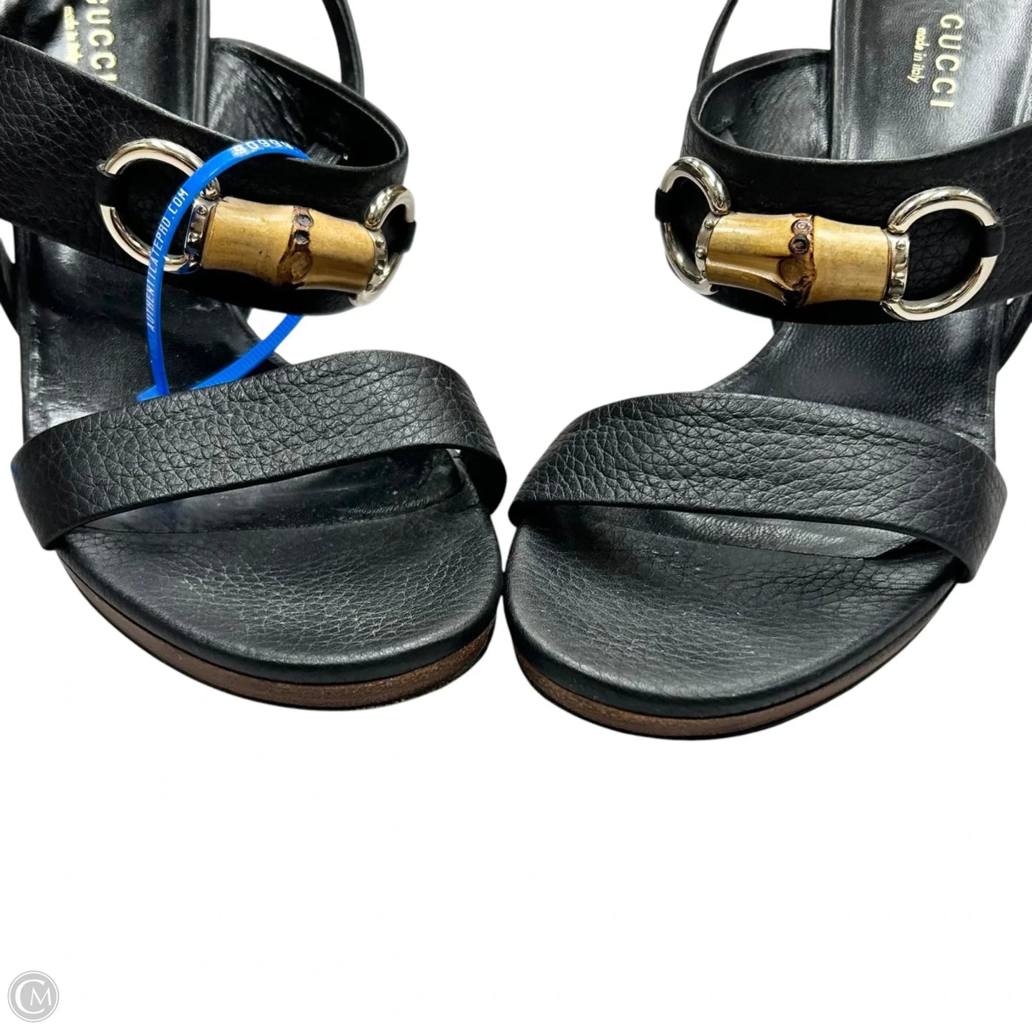 Sandals Luxury Designer By Gucci In Black & Gold, Size: 7.5
