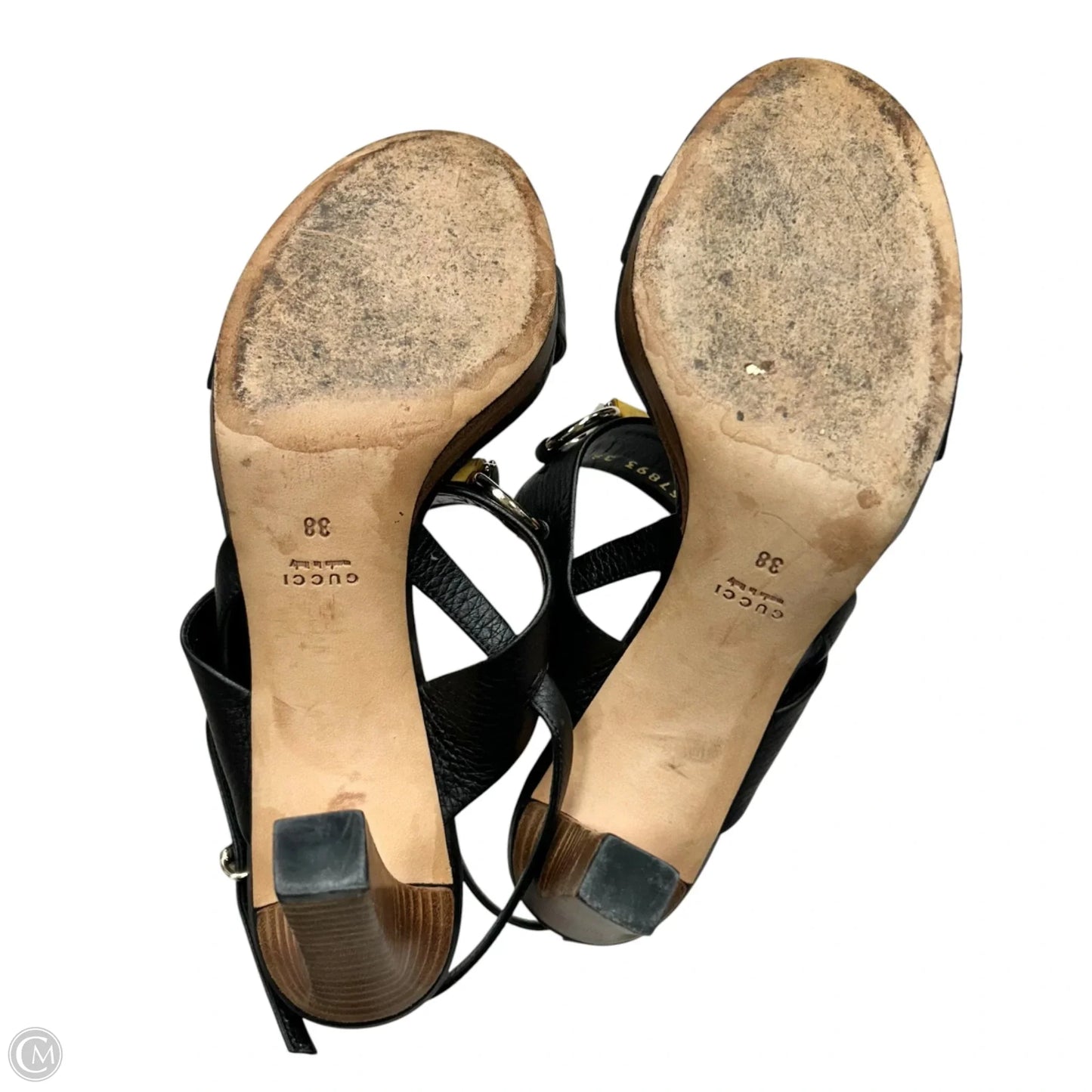 Sandals Luxury Designer By Gucci In Black & Gold, Size: 7.5