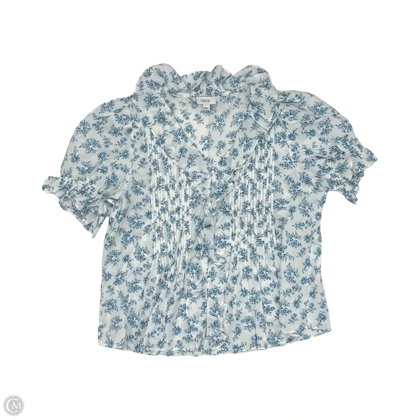 Blouse Short Sleeve By Cece In Blue & White, Size: L