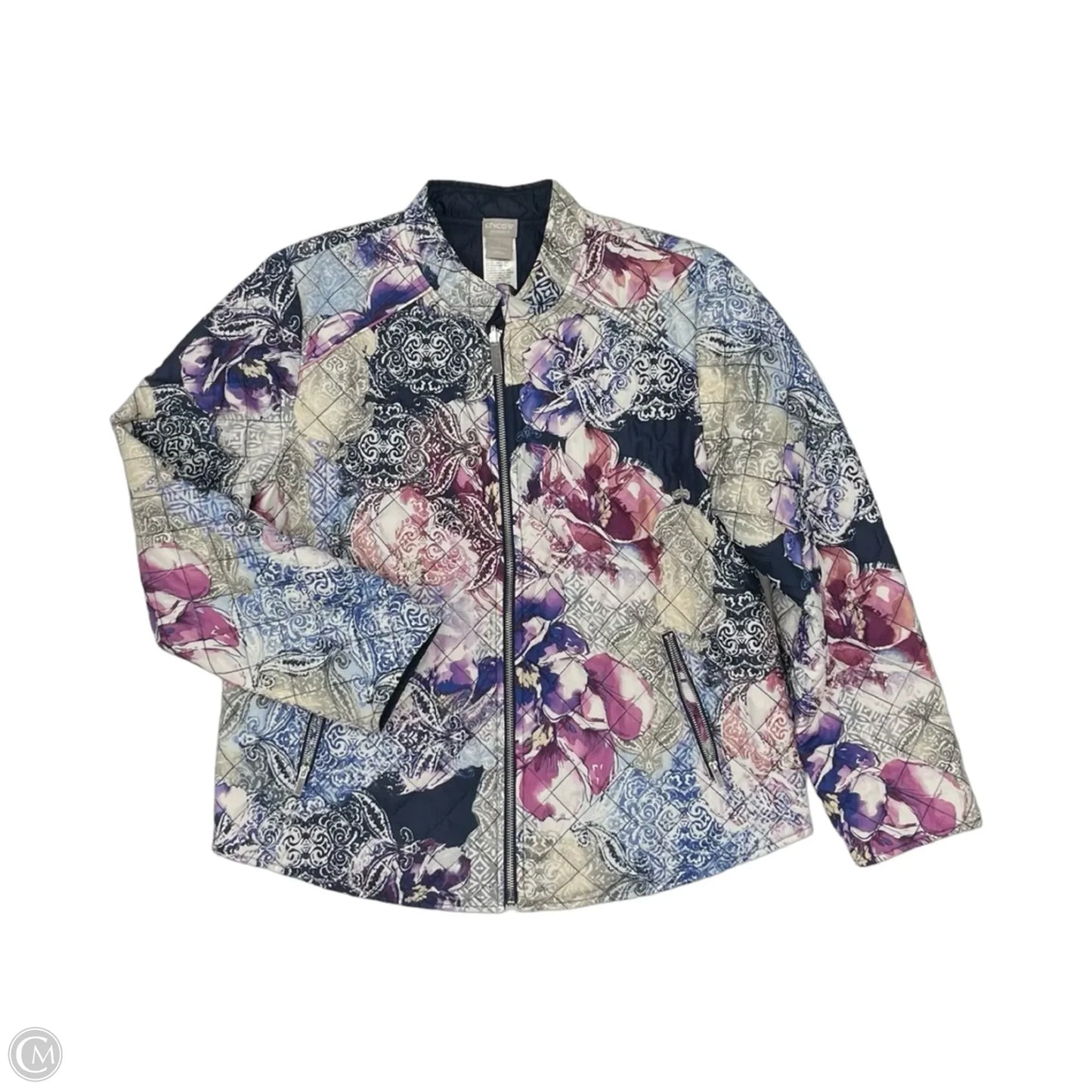Jacket Puffer & Quilted By Chicos In Blue & Cream, Size: M