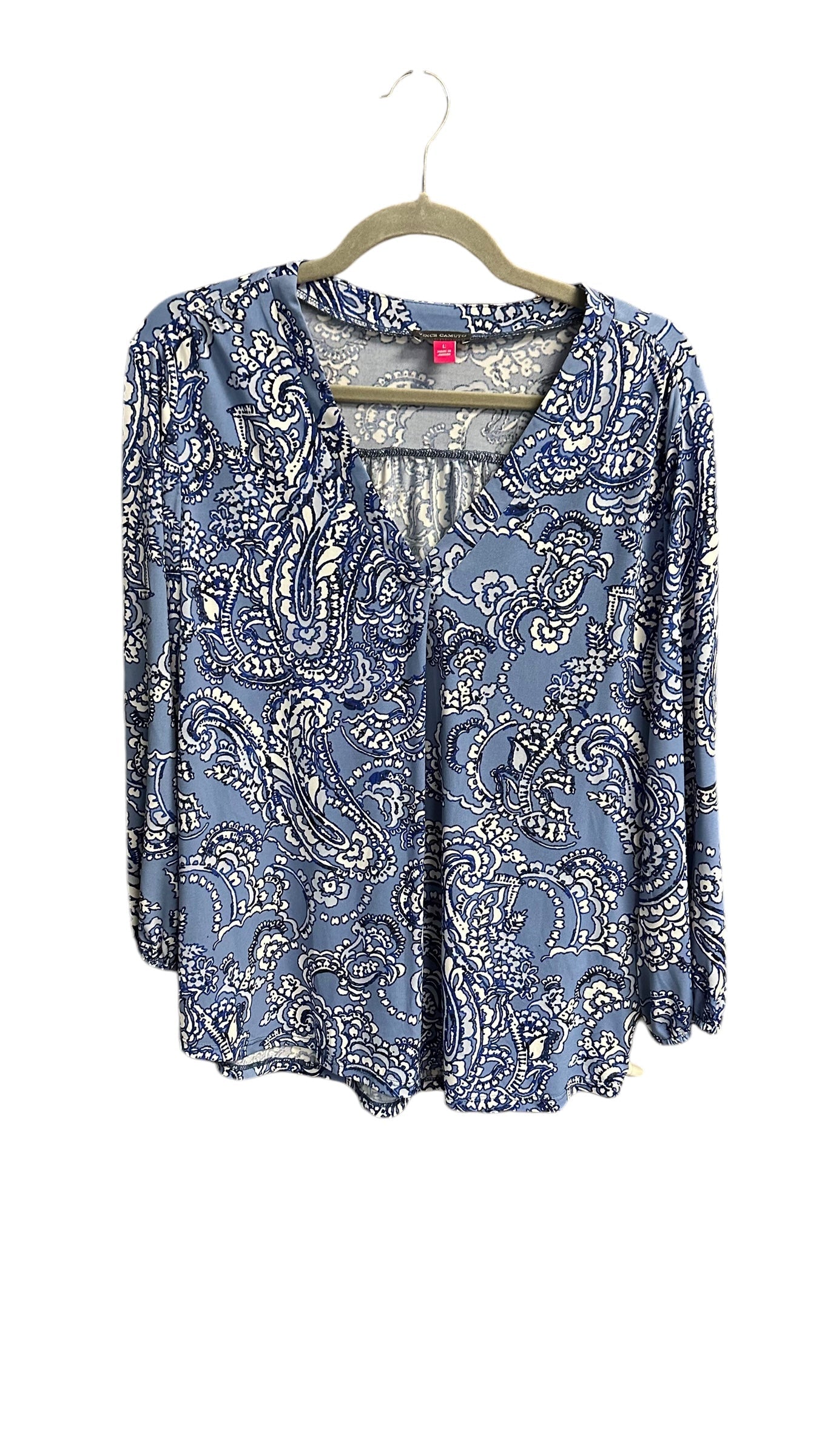 Top Long Sleeve By Vince Camuto In Blue & White, Size: L