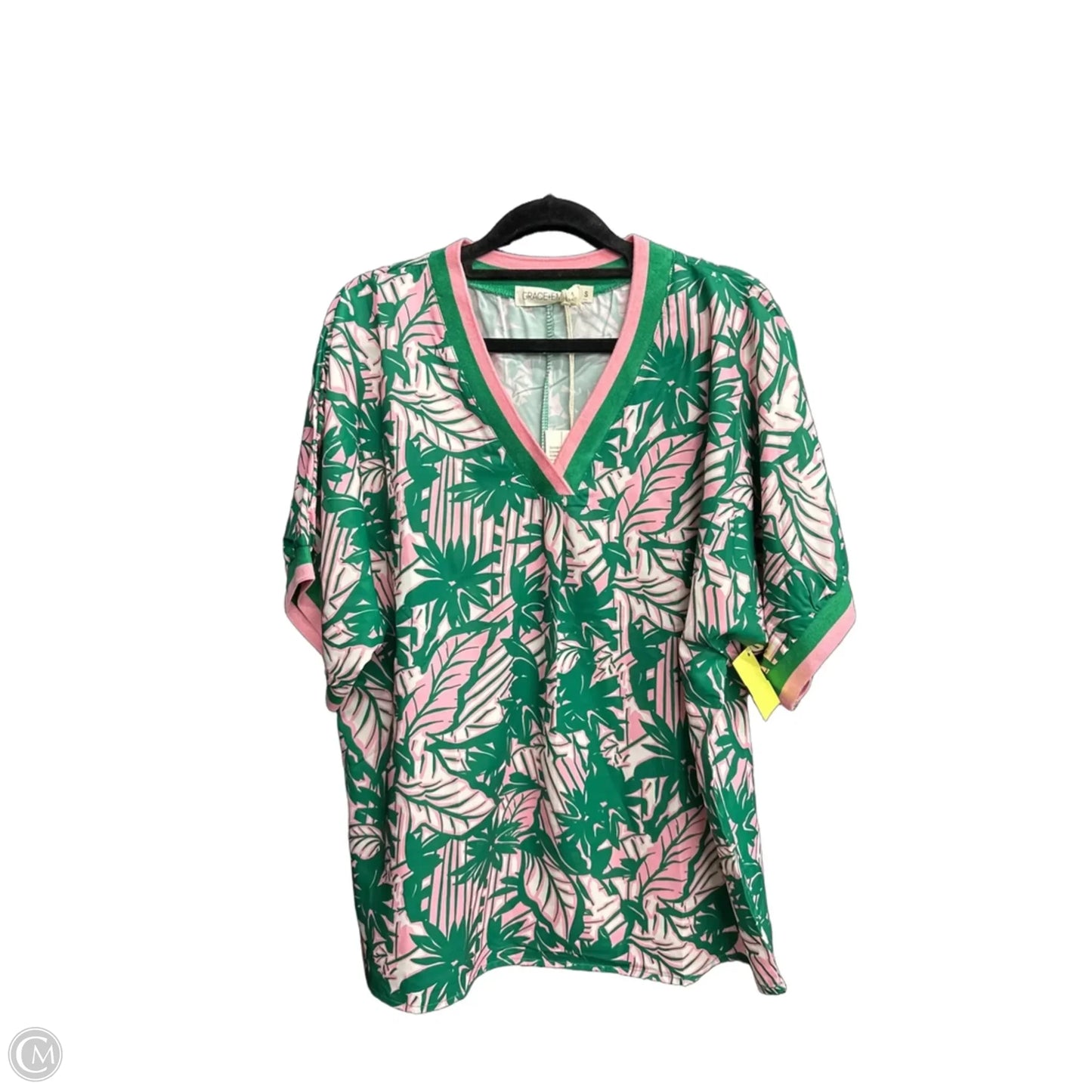 Blouse Short Sleeve By Grace & Emma In Green & Pink, Size: S