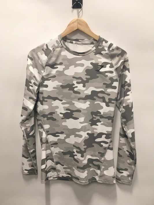 Camouflage Print Athletic Top Long Sleeve Crewneck Gym Shark, Size M