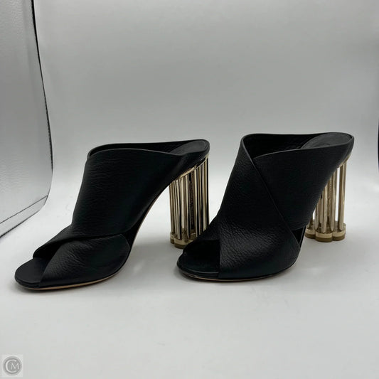 Sandals Luxury Designer By Ferragamo In Black & Gold, Size: 7
