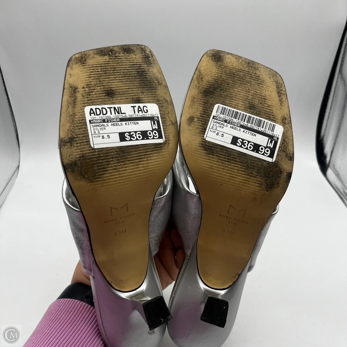 Sandals Heels Kitten By Marc Fisher In Silver, Size: 8.5