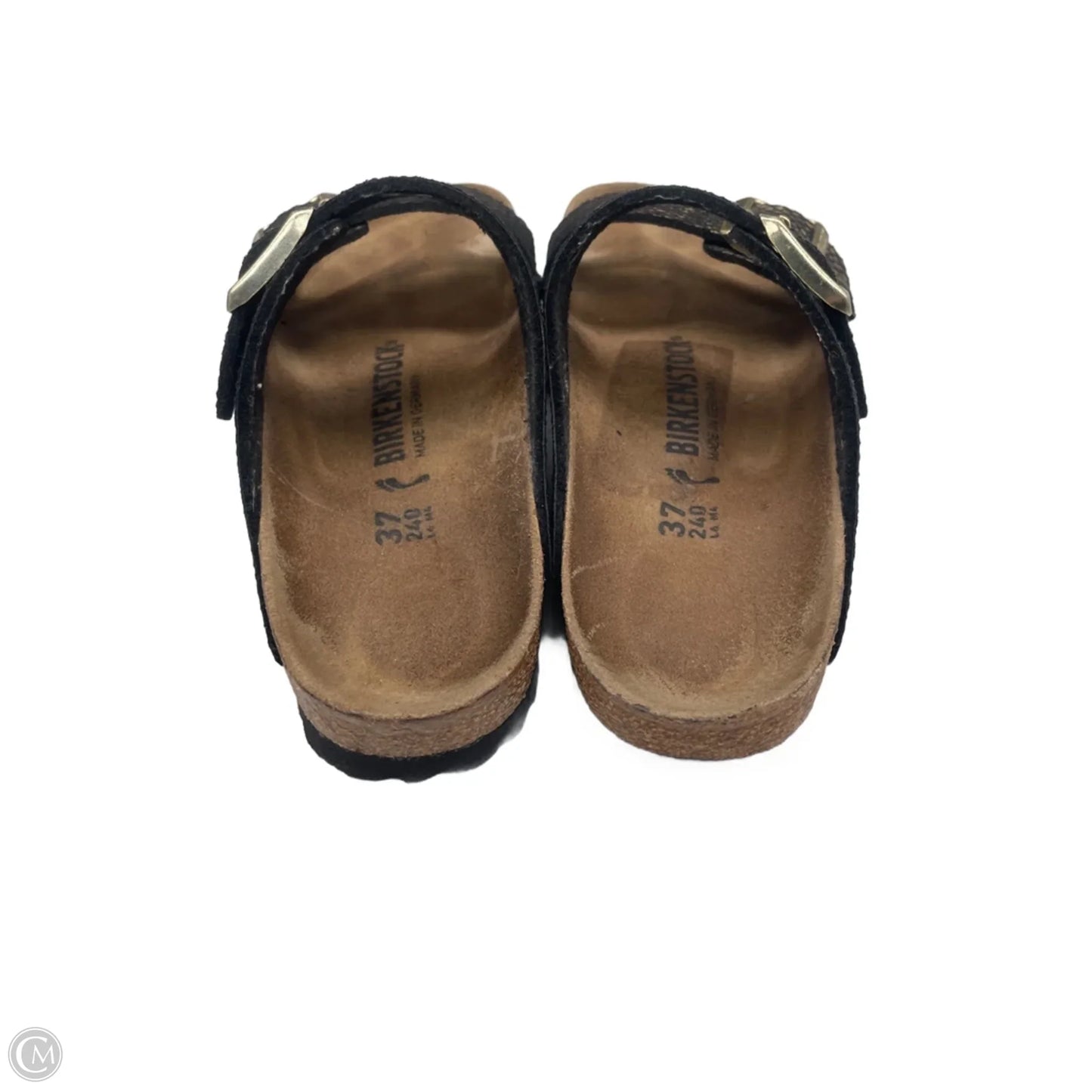 Sandals Flats By Birkenstock In Black & Gold, Size: 6
