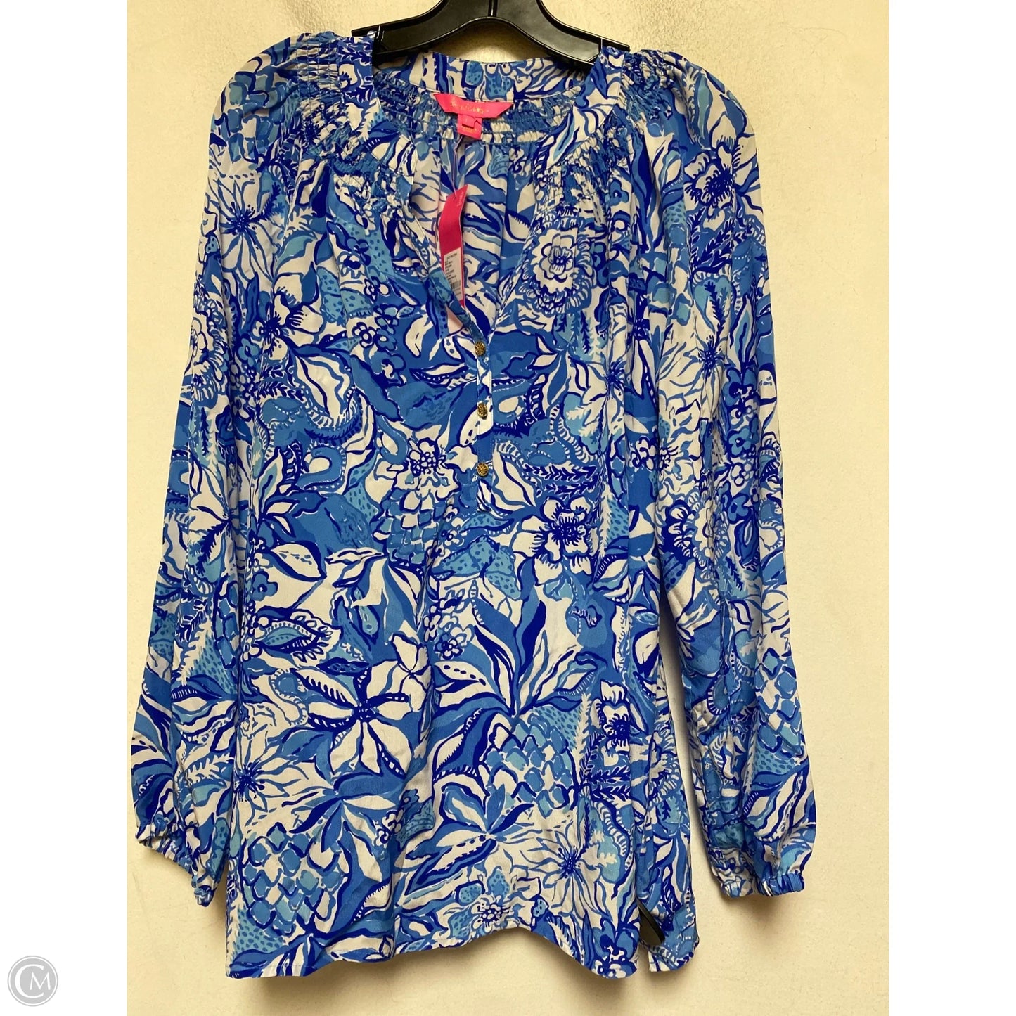 Top Long Sleeve Designer By Lilly Pulitzer In Blue & White, Size: L
