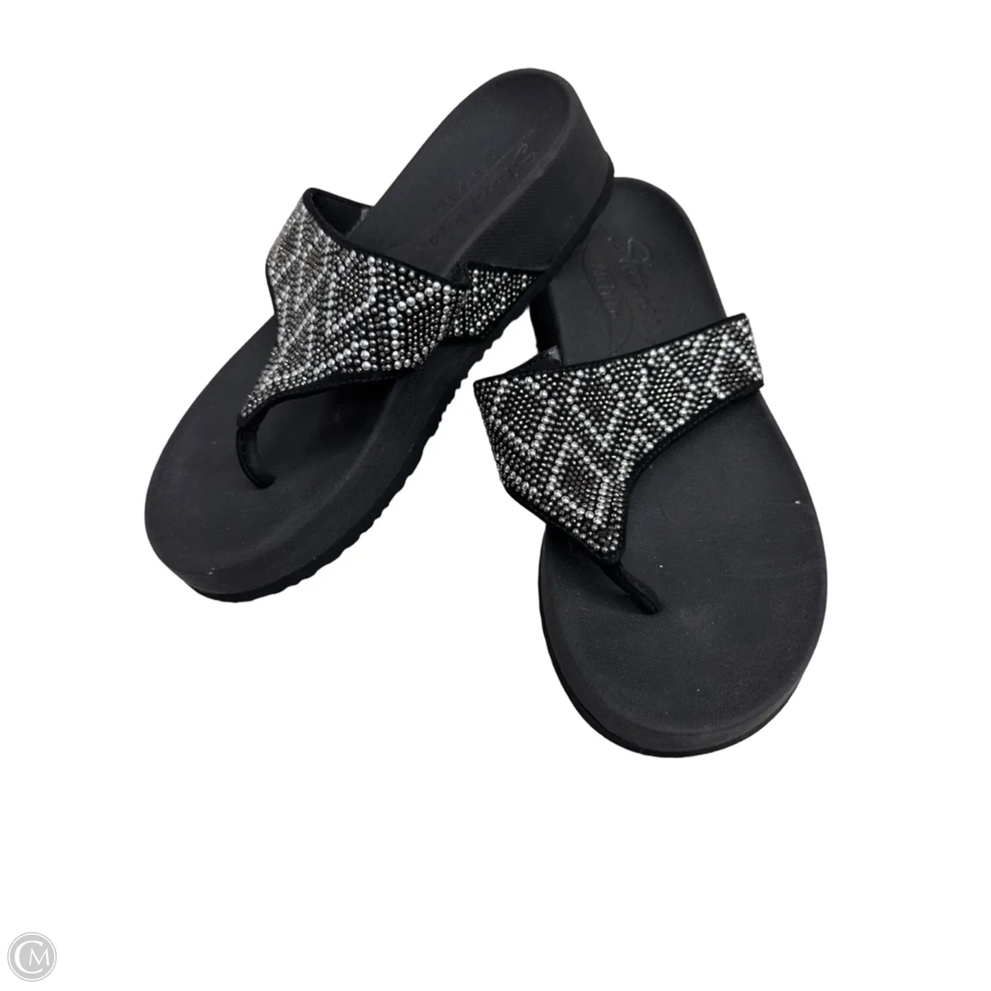 Sandals Heels Wedge By Skechers In Black & Silver, Size: 5