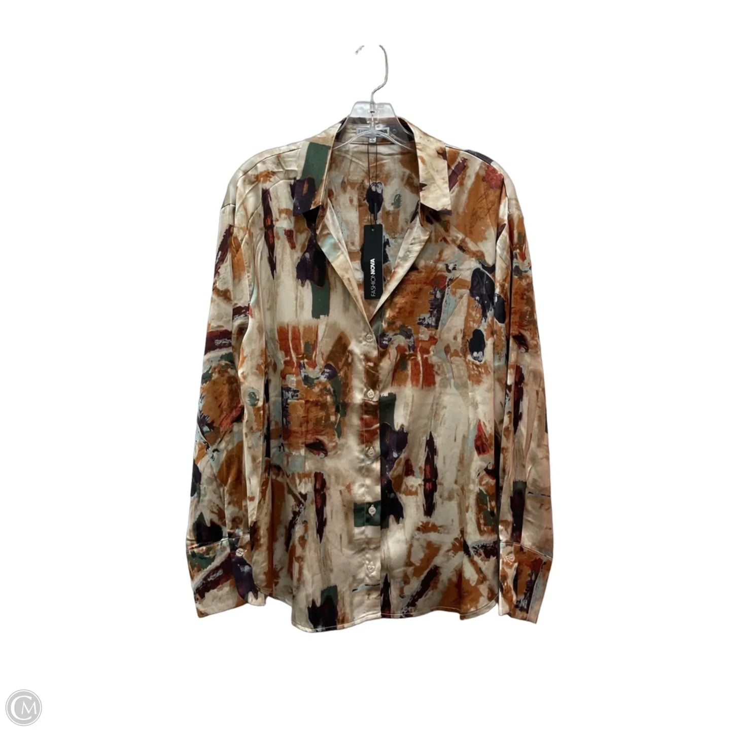 Blouse Long Sleeve By Fashion Nova In Brown & Cream, Size: L