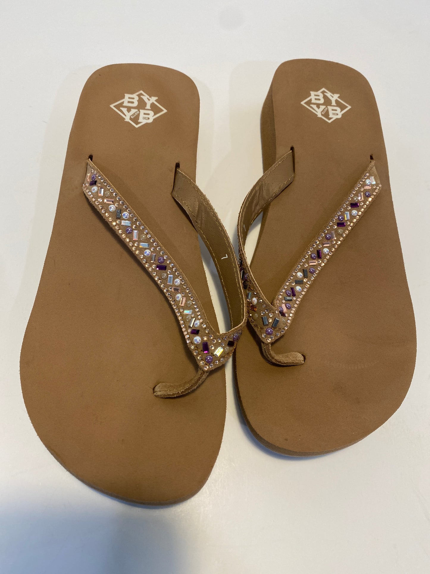 Brown Sandals Flip Flops Yellow Box, Size 7