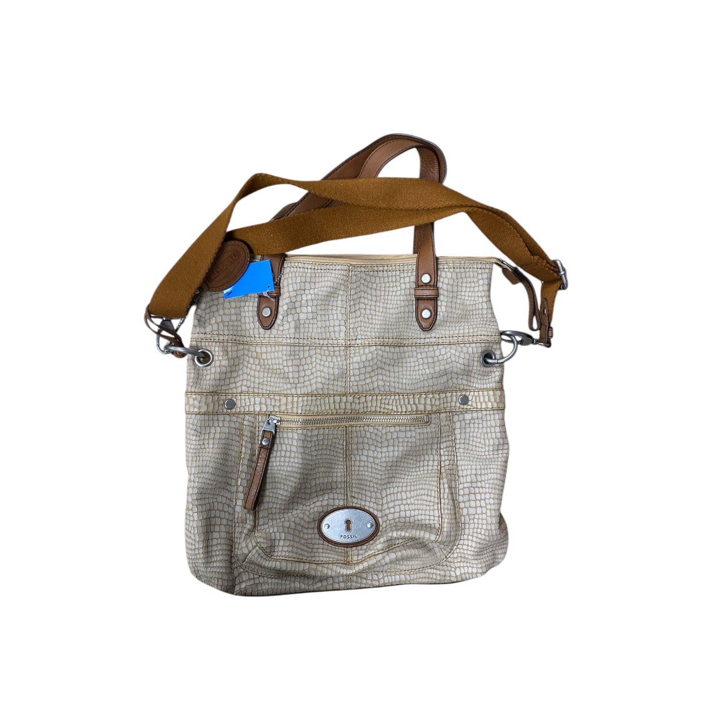 Handbag Leather By Fossil In Brown & Cream, Size:Large