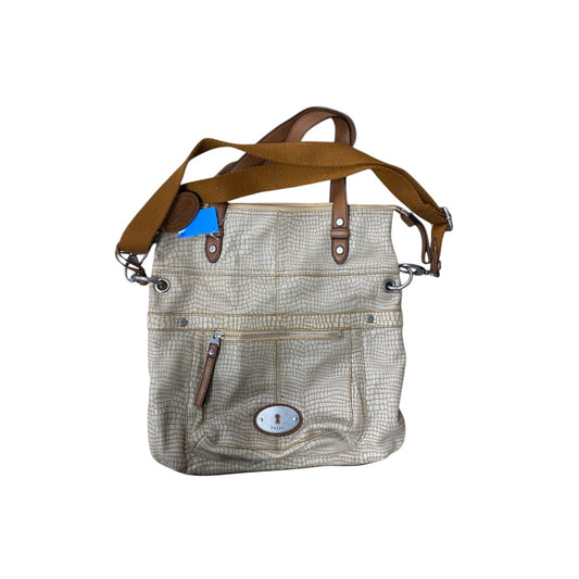 Handbag Leather By Fossil In Brown & Cream, Size:Large