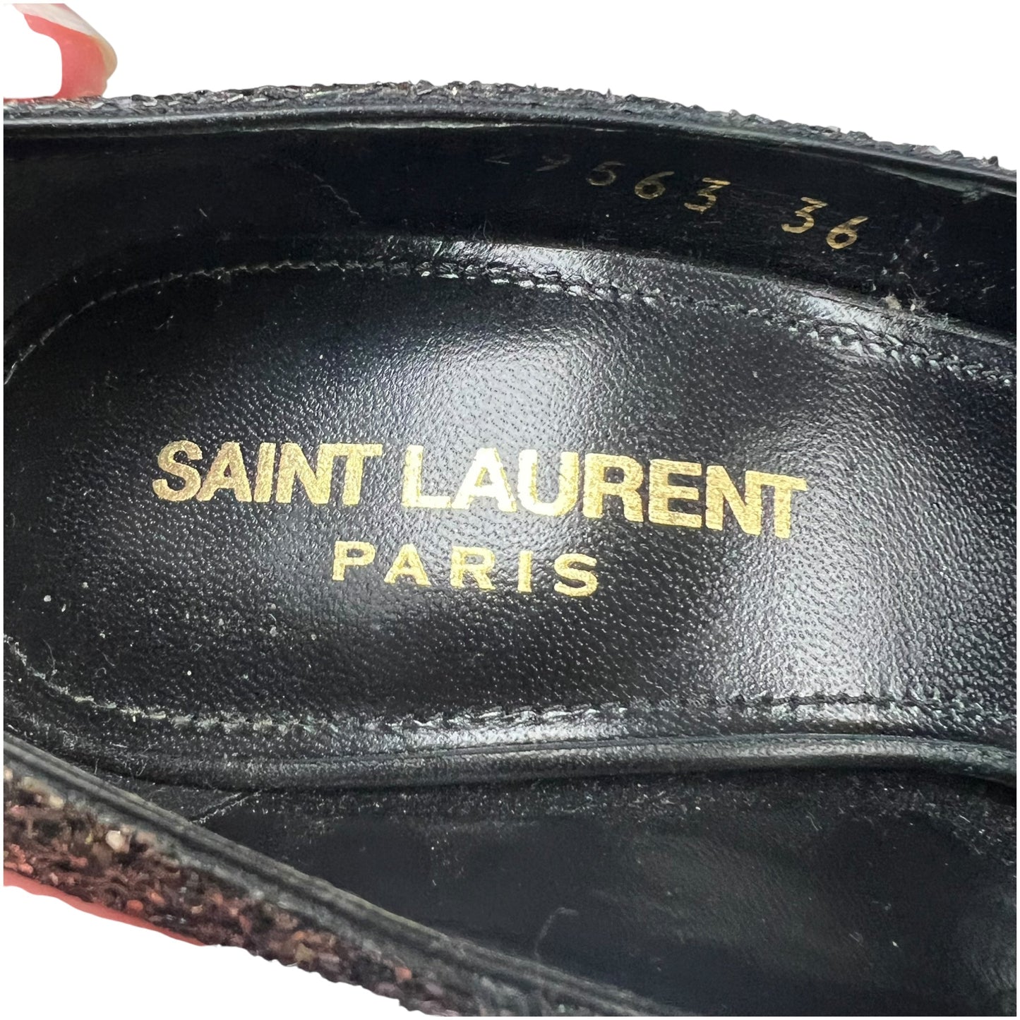 Shoes Luxury Designer By Yves Saint Laurent In Black & Gold, Size: 5.5