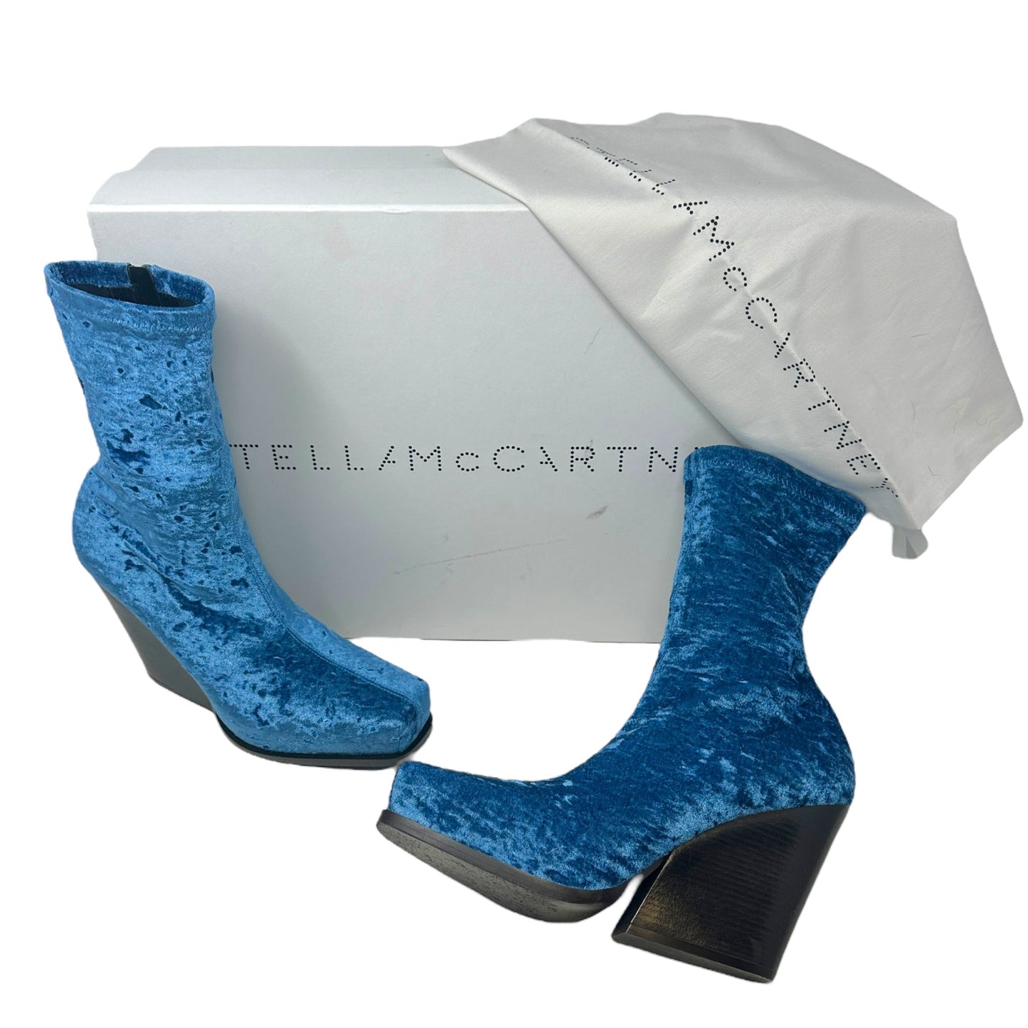 Cowboy Crushed Velvet Ankle Boots Luxury Designer In  By Stella Mccartney In Blue Lagoon, Size: US-8.5/EU-39