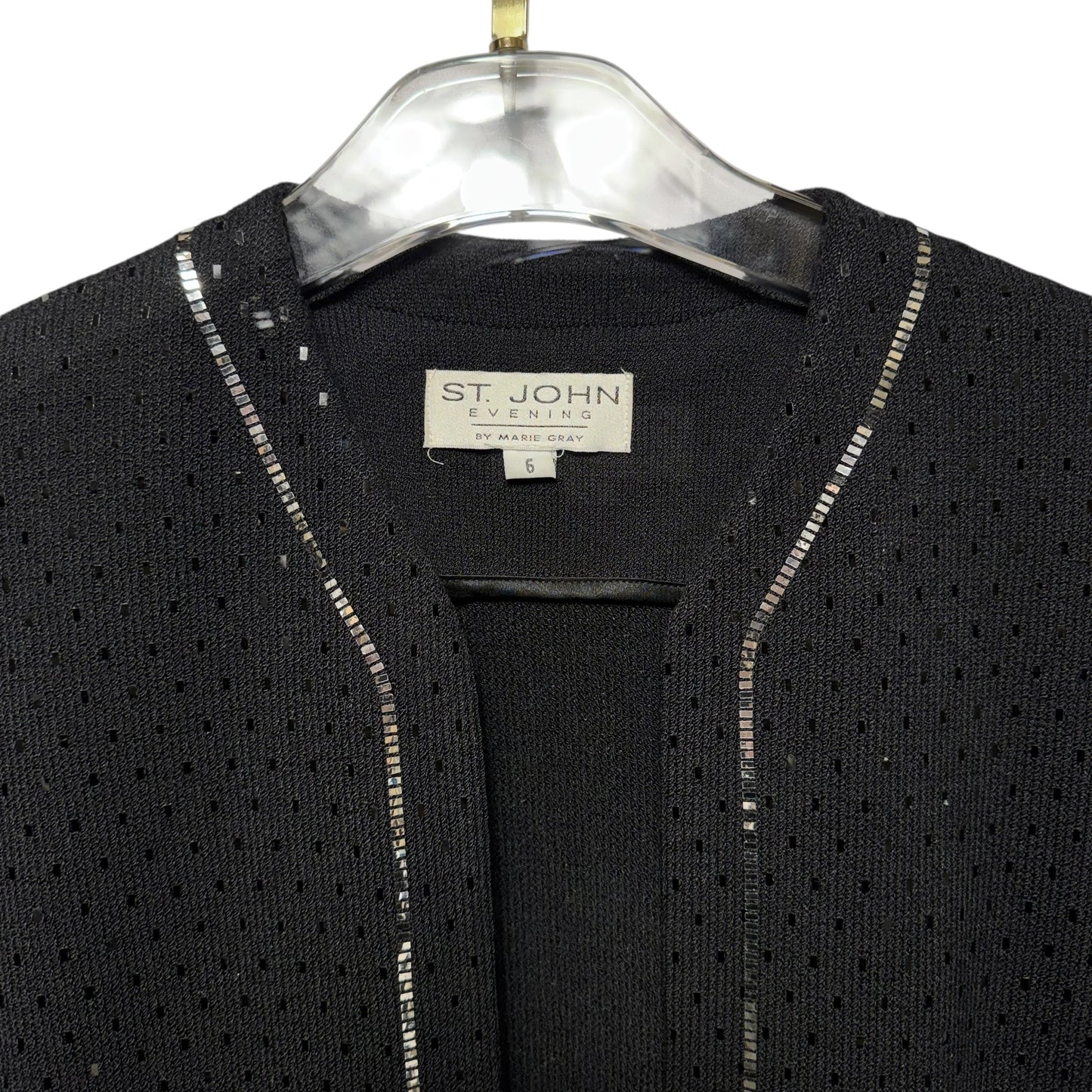 Paillette Short Sleeve Knit Blazer Luxury Designer By St John Collection In Black & Silver, Size: 6
