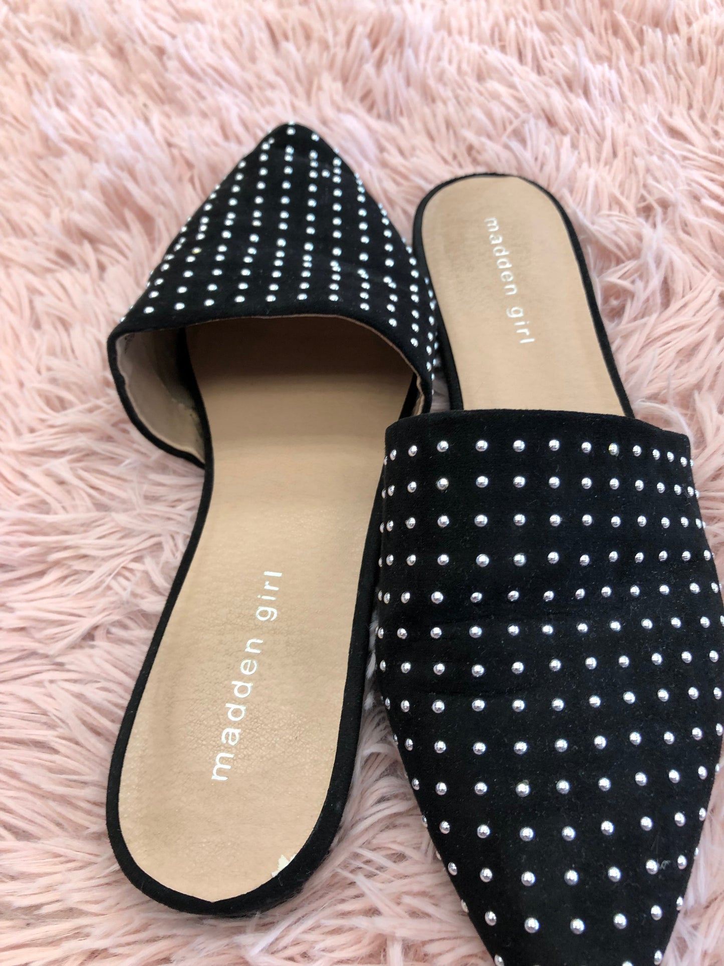 Black Silver Shoes Flats Mule & Slide Madden Girl, Size 9