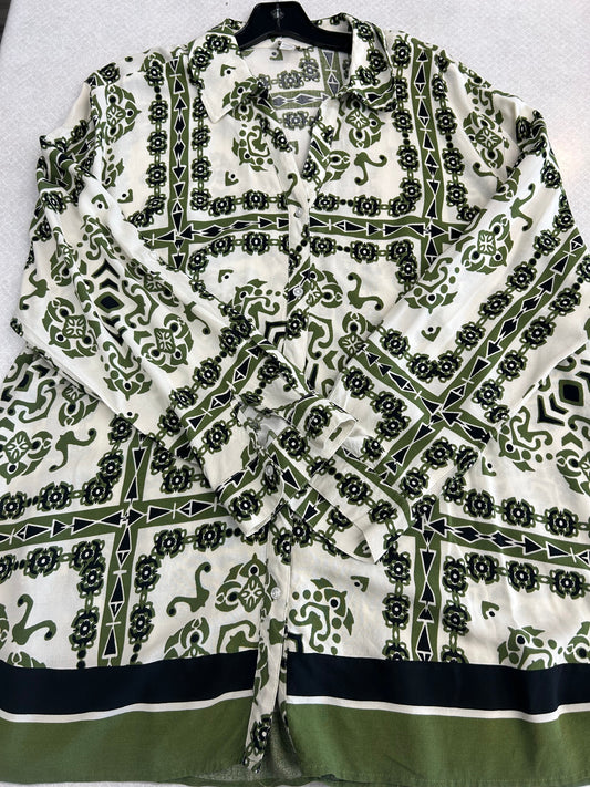 Blouse Long Sleeve By Cato In Green & White, Size: 3x