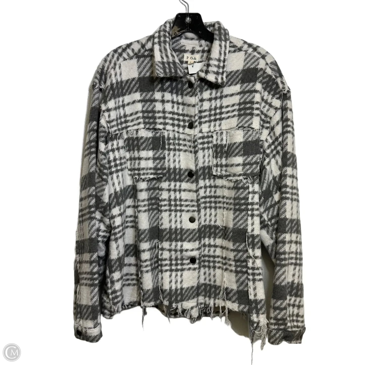 Jacket Shirt By Pol In Grey & White, Size: L