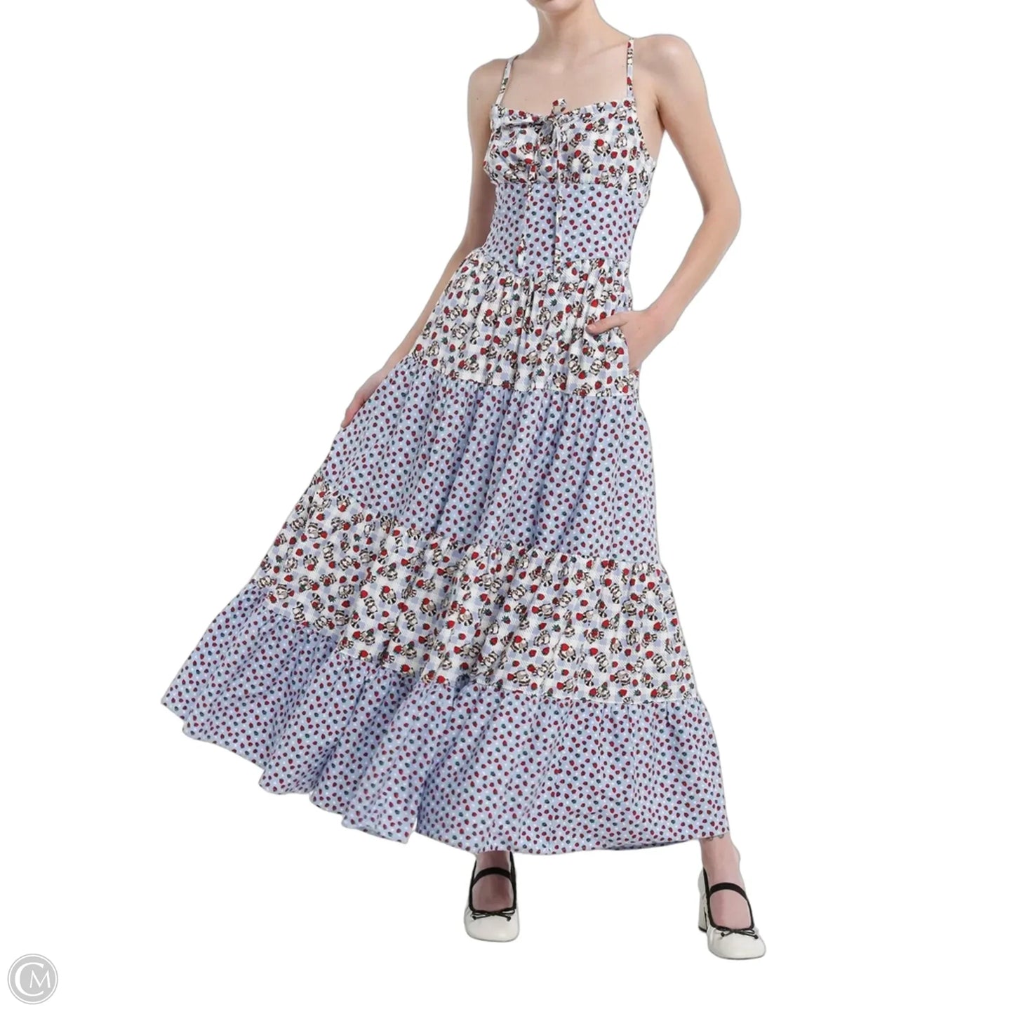 Thorn & Fable Raccoons & Strawberries Strappy Maxi Dress Casual Maxi In Blue & Cream, Size: L