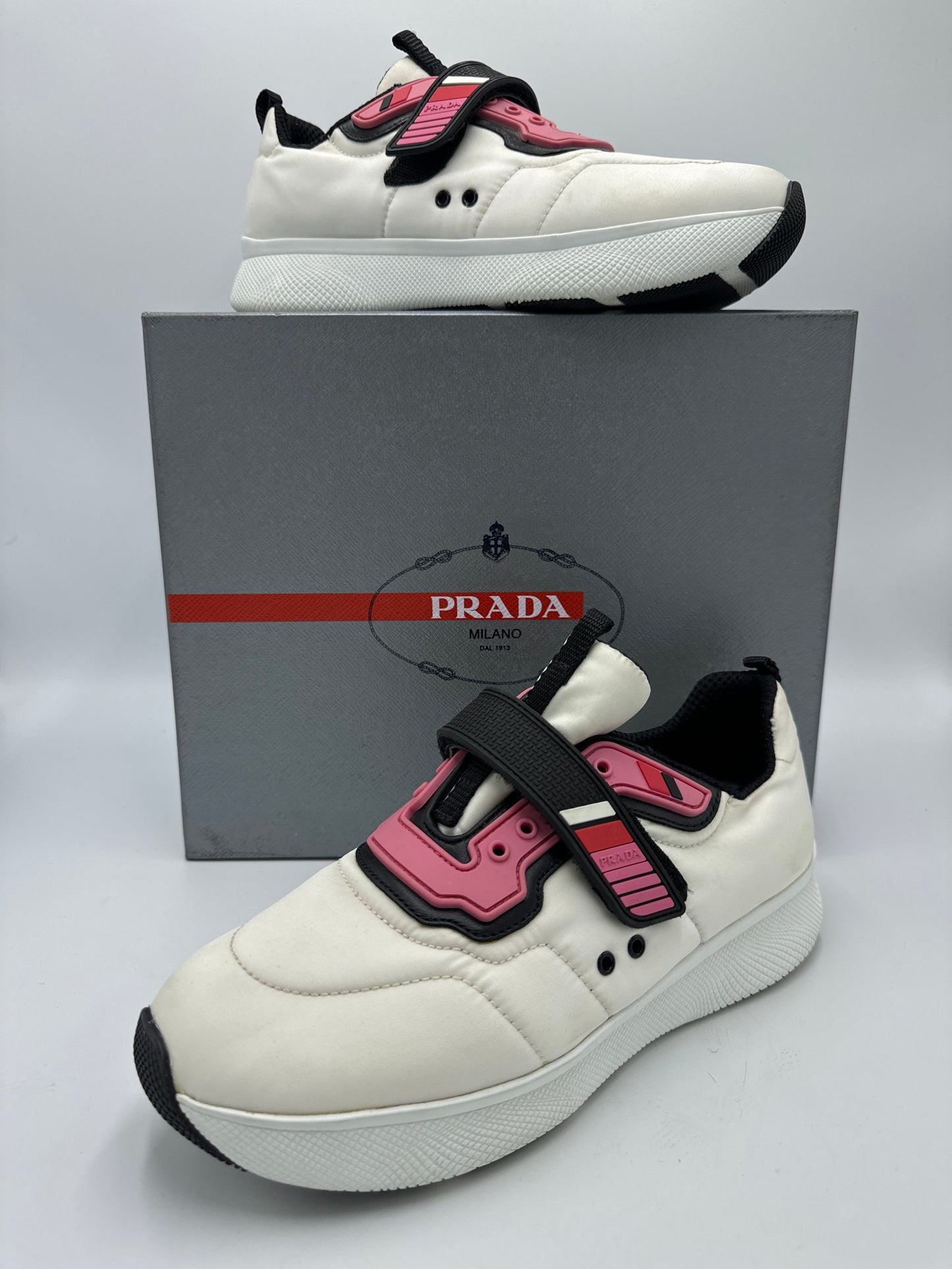 Shoes Luxury Designer By Prada In White Pink, Size: 8.5