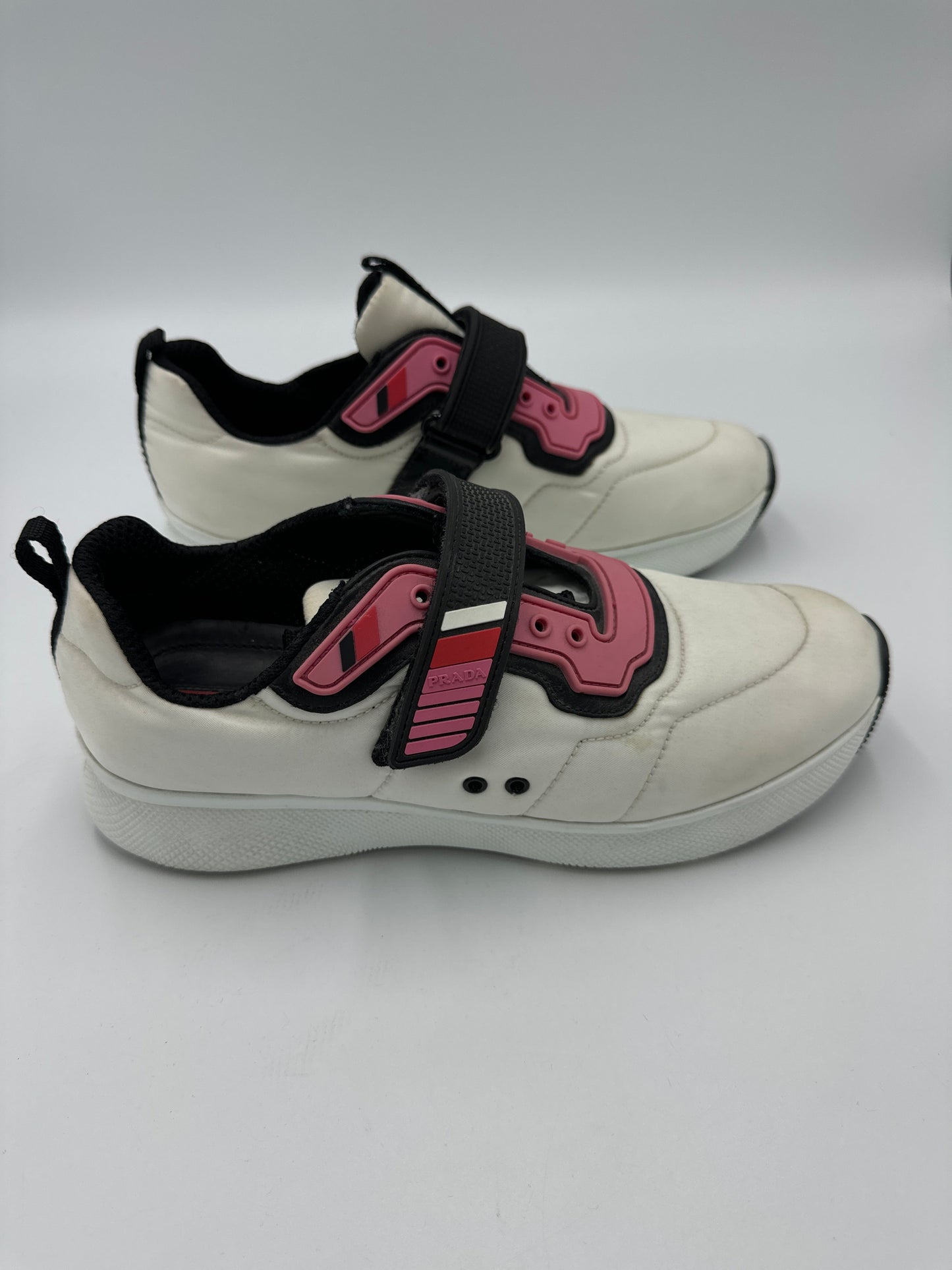 Shoes Luxury Designer By Prada In White Pink, Size: 8.5