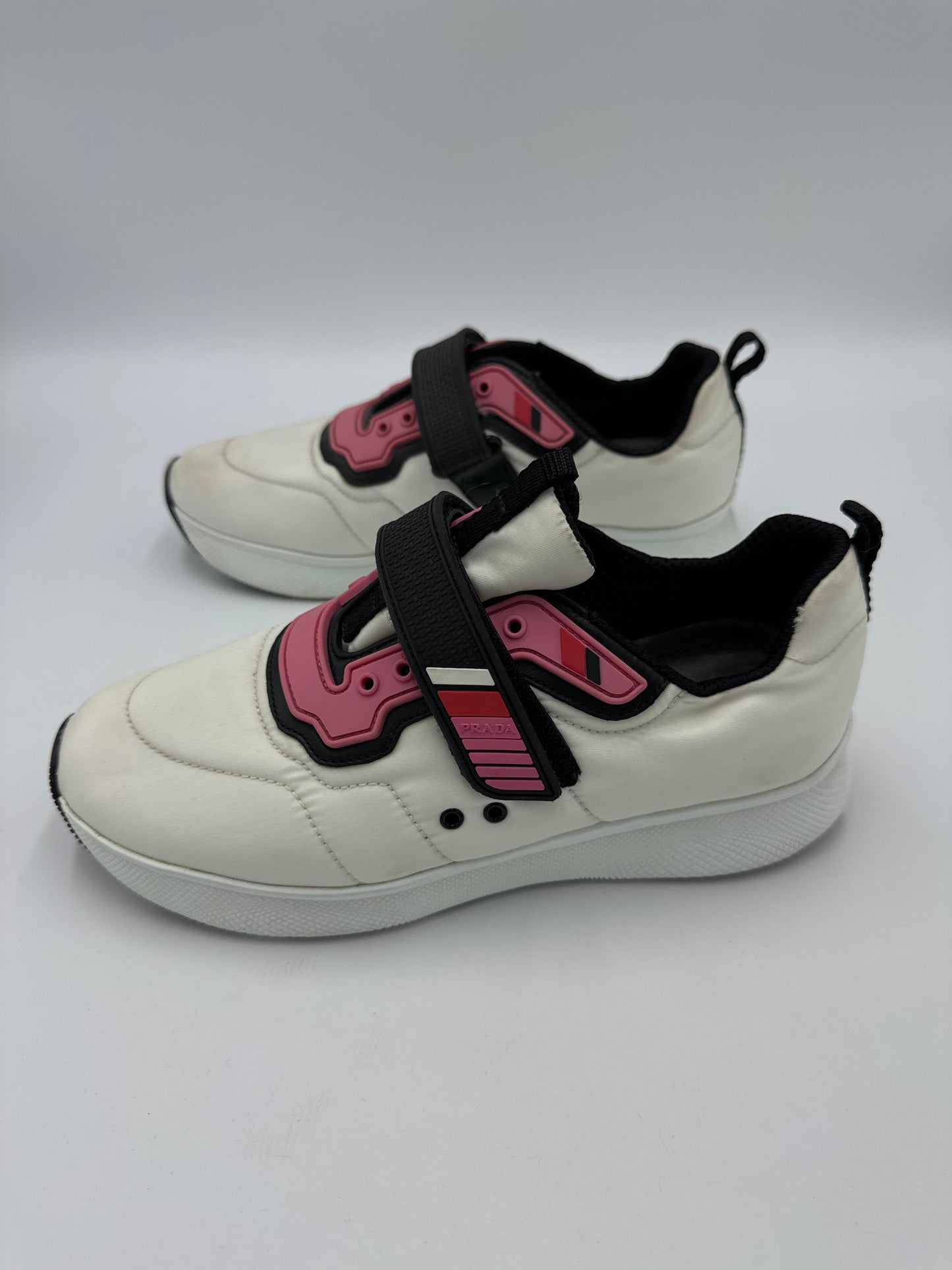 Shoes Luxury Designer By Prada In White Pink, Size: 8.5