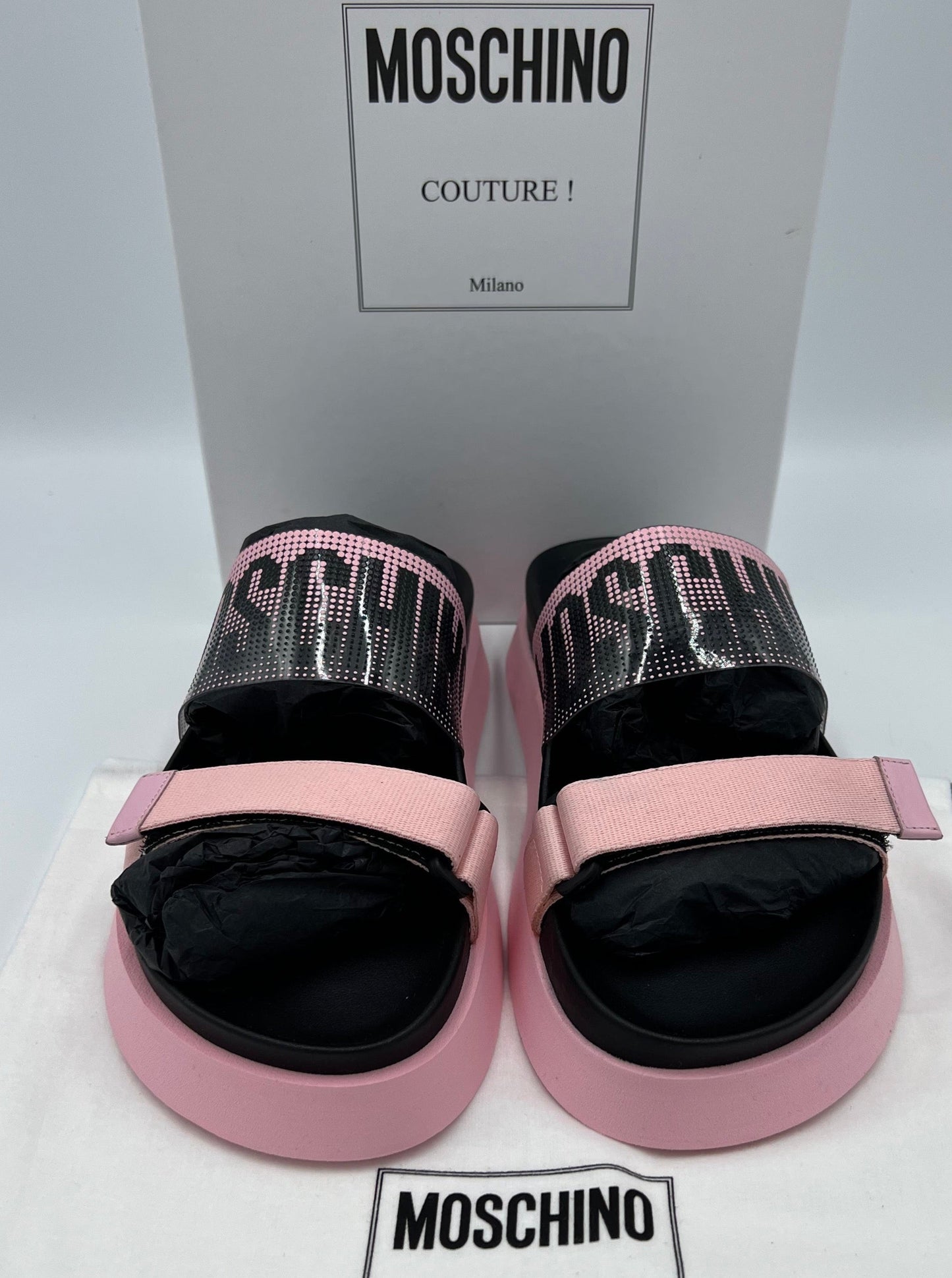 Like New! Moschino Logo Platform Designer Slides  Size: 7.5