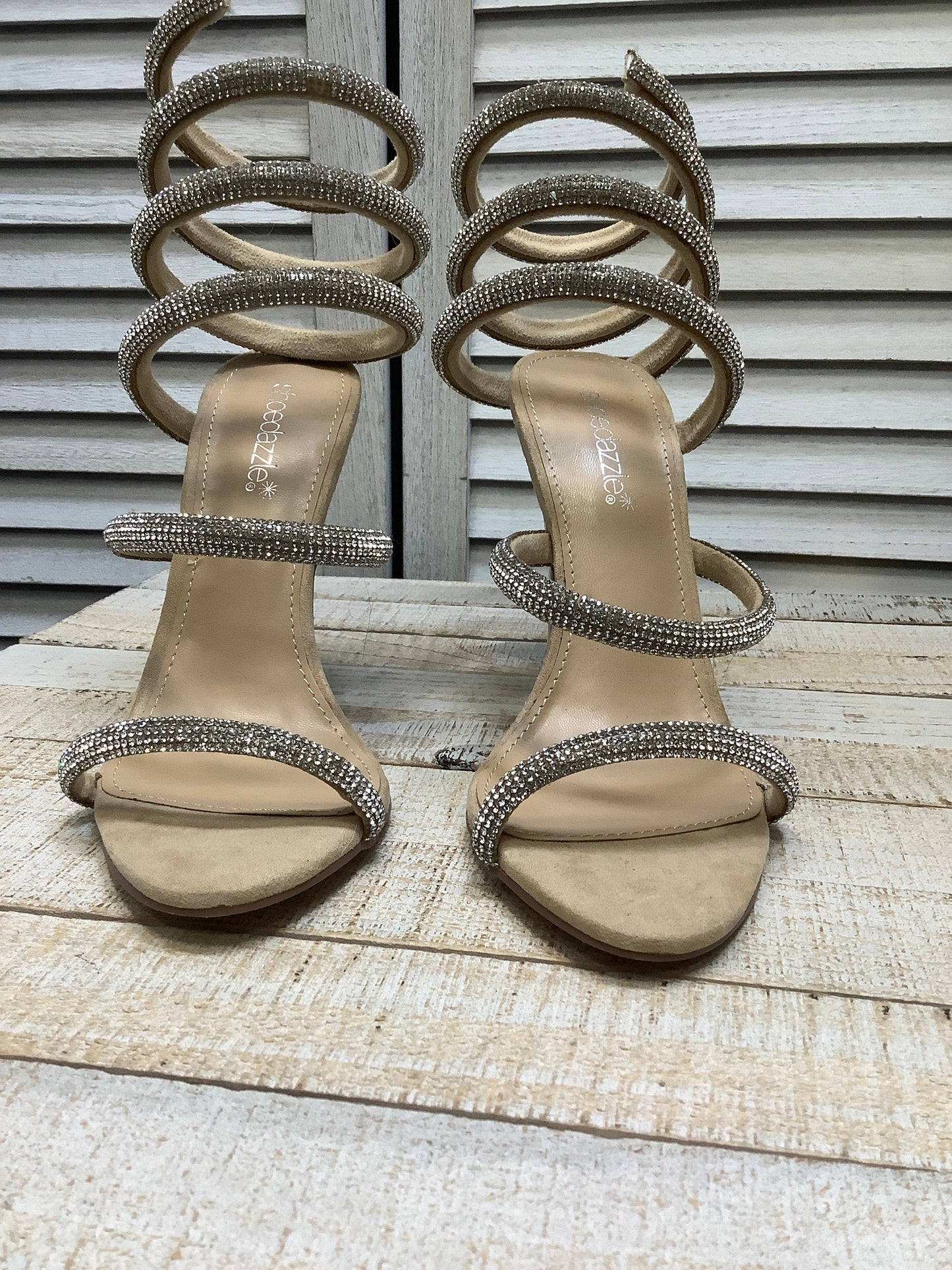 Sandals Heels Stiletto By Shoedazzle In Silver, Size: 8.5