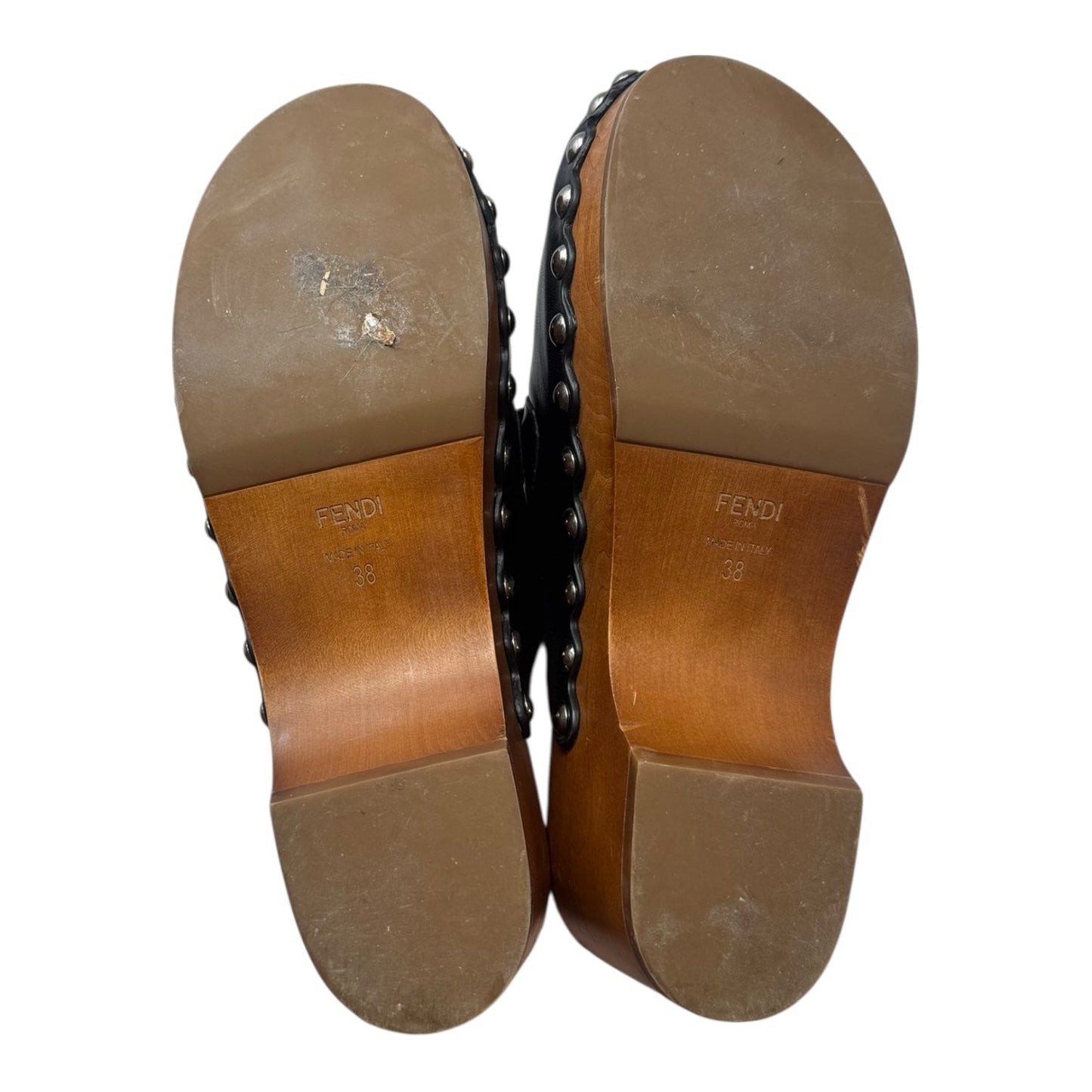 (Monster) Faces Spiked Leather Clogs Luxury Designer By Fendi In Black, Size: US 8 (IT 38)