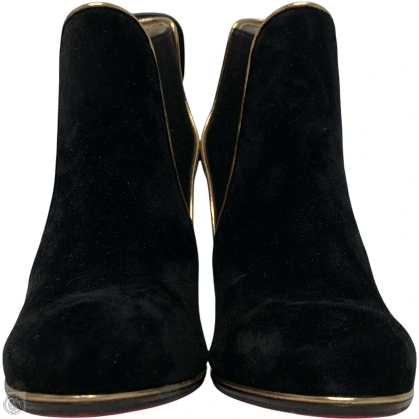 Boots Luxury Designer By Christian Louboutin In Black & Gold, Size: 7