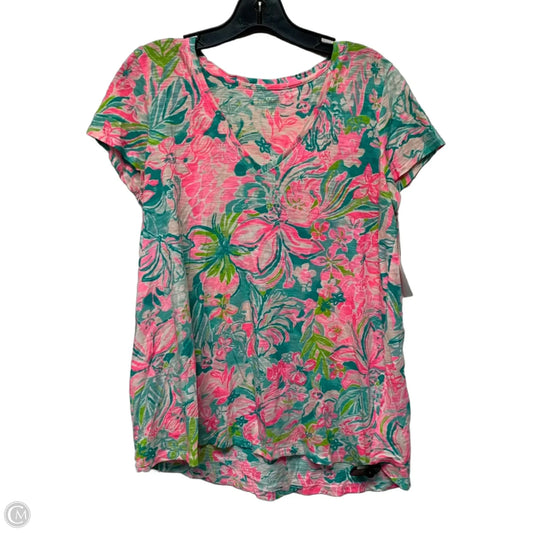 Top Short Sleeve Designer By Lilly Pulitzer In Green & Pink, Size: M